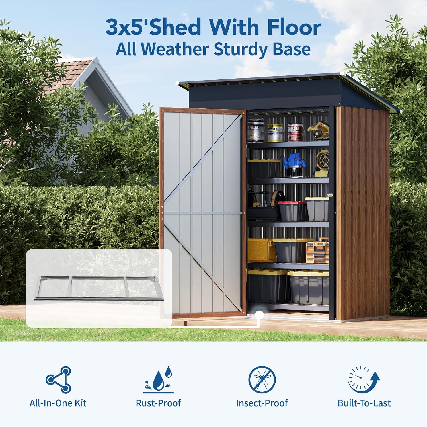 3x5FT Outdoor Storage Shed, Metal Garden Shed with with Floor Base,Updated Frame Structure & Lockable Door, Large Tool Shed for Backyard, Patio,Lawn,Utility & Bike Storage