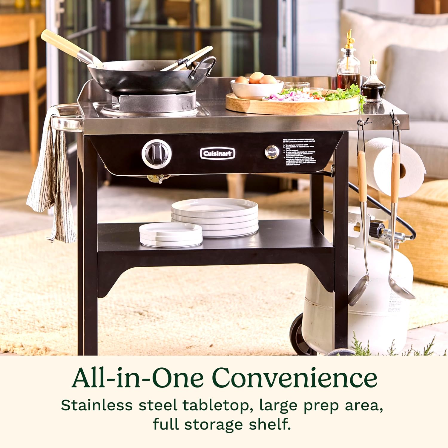 Cuisinart Outdoor Wok Station, 50,000 BTU Propane Outdoor Wok Burner with Prep Table, 14' Carbon Steel Fry Pan, Stainless Steel Side Table, Storage, Outdoor Cooking Station for Stir Fry, Searing, BBQ