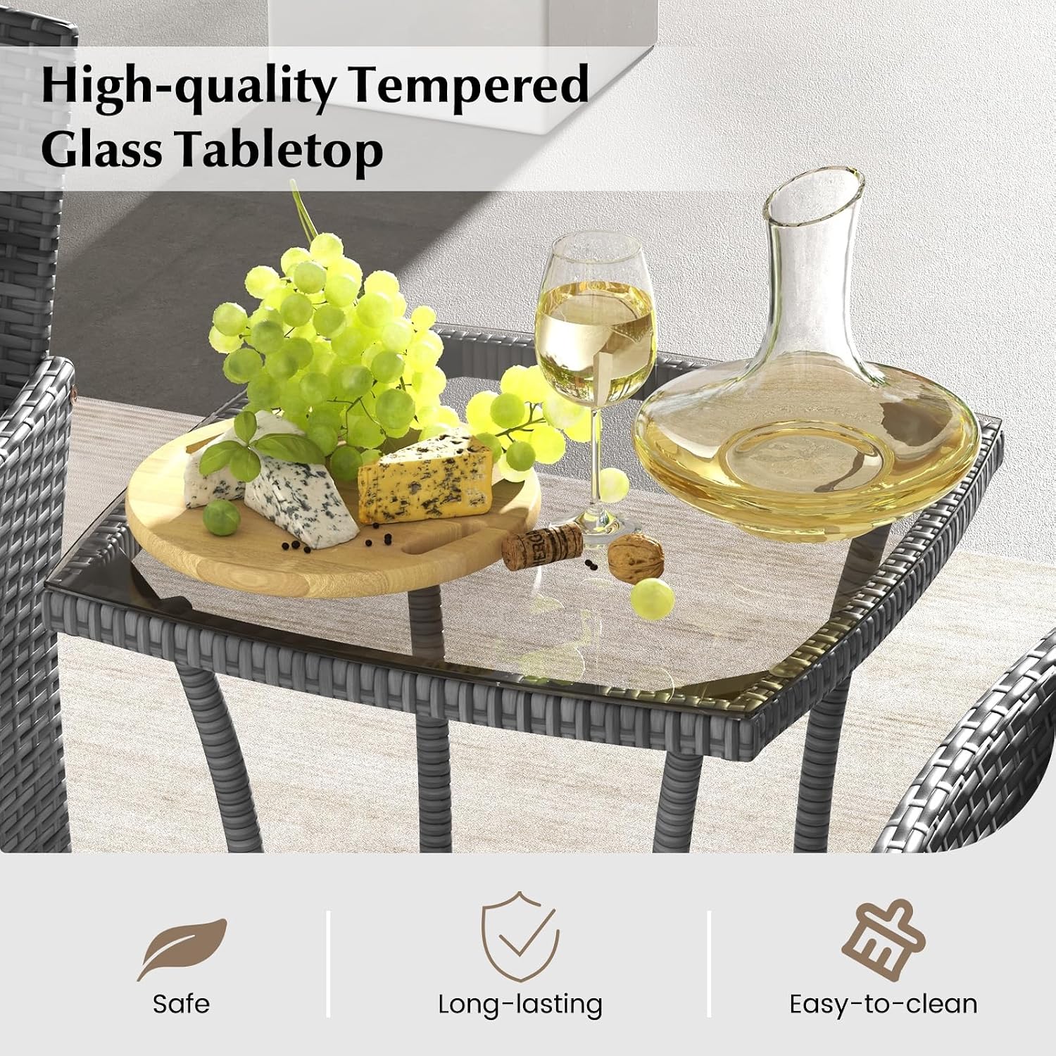 RELAX4LIFE 3-Piece Patio Furniture Set - Rattan Wicker Outdoor Furniture w/Cushions & Tempered Glass Coffee Table, Small Conversation Bistro Table and Chairs Set of 2 for Garden Porch Balcony (Beige)