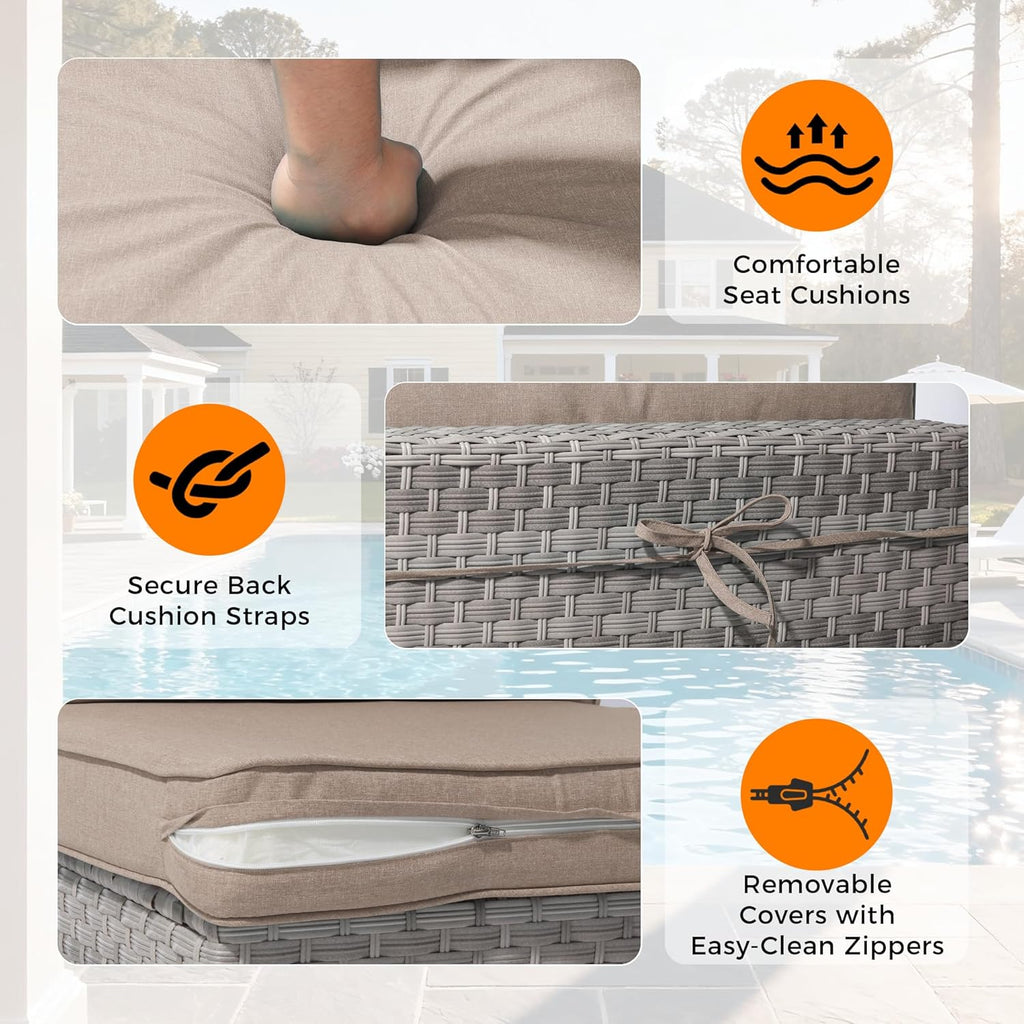 6-Seat Modern Outdoor Wicker Rattan Patio Furniture Set with 55,000 BTU Fire Pit Table, Thick 4″ Cushions, All-Weather Dual-Strand Rattan, Rust-Resistant Steel Frame,Beige
