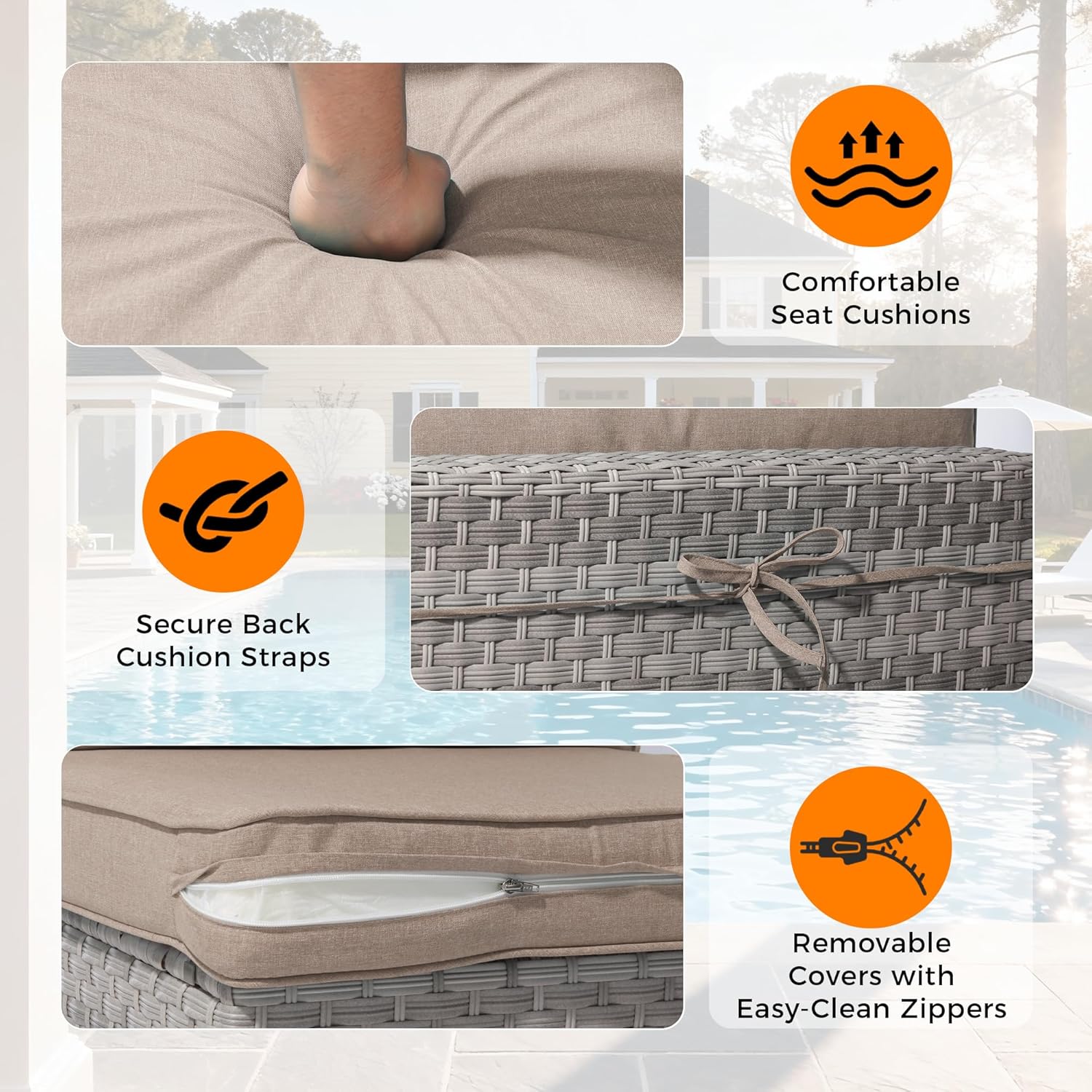 6-Seat Modern Outdoor Wicker Rattan Patio Furniture Set with 55,000 BTU Fire Pit Table, Thick 4″ Cushions, All-Weather Dual-Strand Rattan, Rust-Resistant Steel Frame,Beige