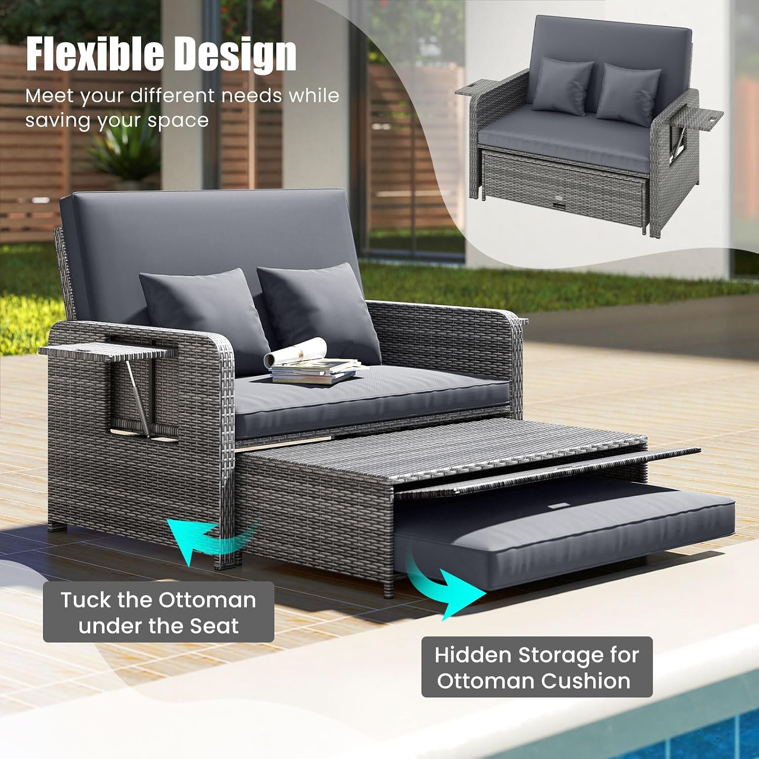 Tangkula Patio Rattan Daybed with 4-Level Adjustable Backrest, Outdoor PE Wicker Loveseat with Storage Ottoman & Folding Side Table, Double Sunbed for Balcony, Backyard & Poolside, Grey