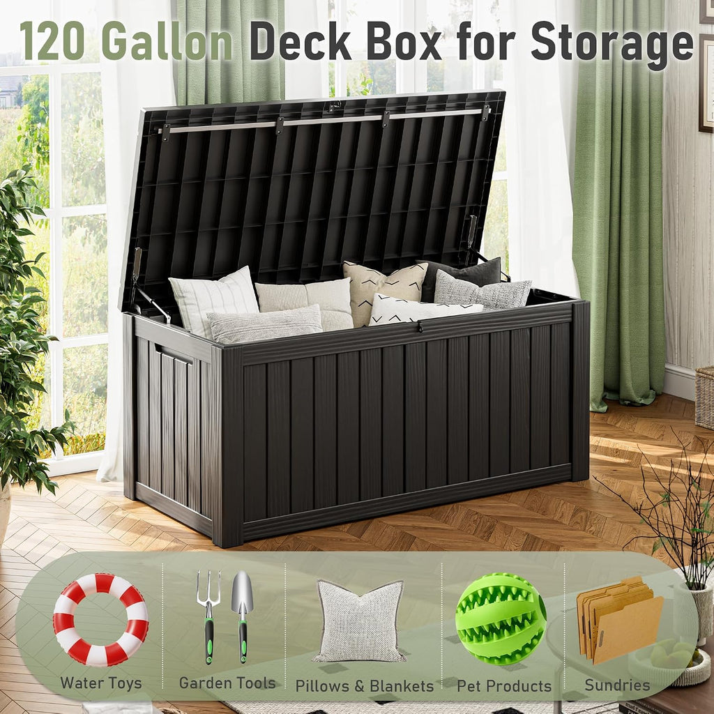 Outdoor Storage Box, 120 Gallon Deck Box, Resin Waterproof Outside Storage Bench, Outdoor Storage Cabinet With Lockable Lid, Backyard Deck Box For Garden Tools, Patio Cushions, Pool Accessories