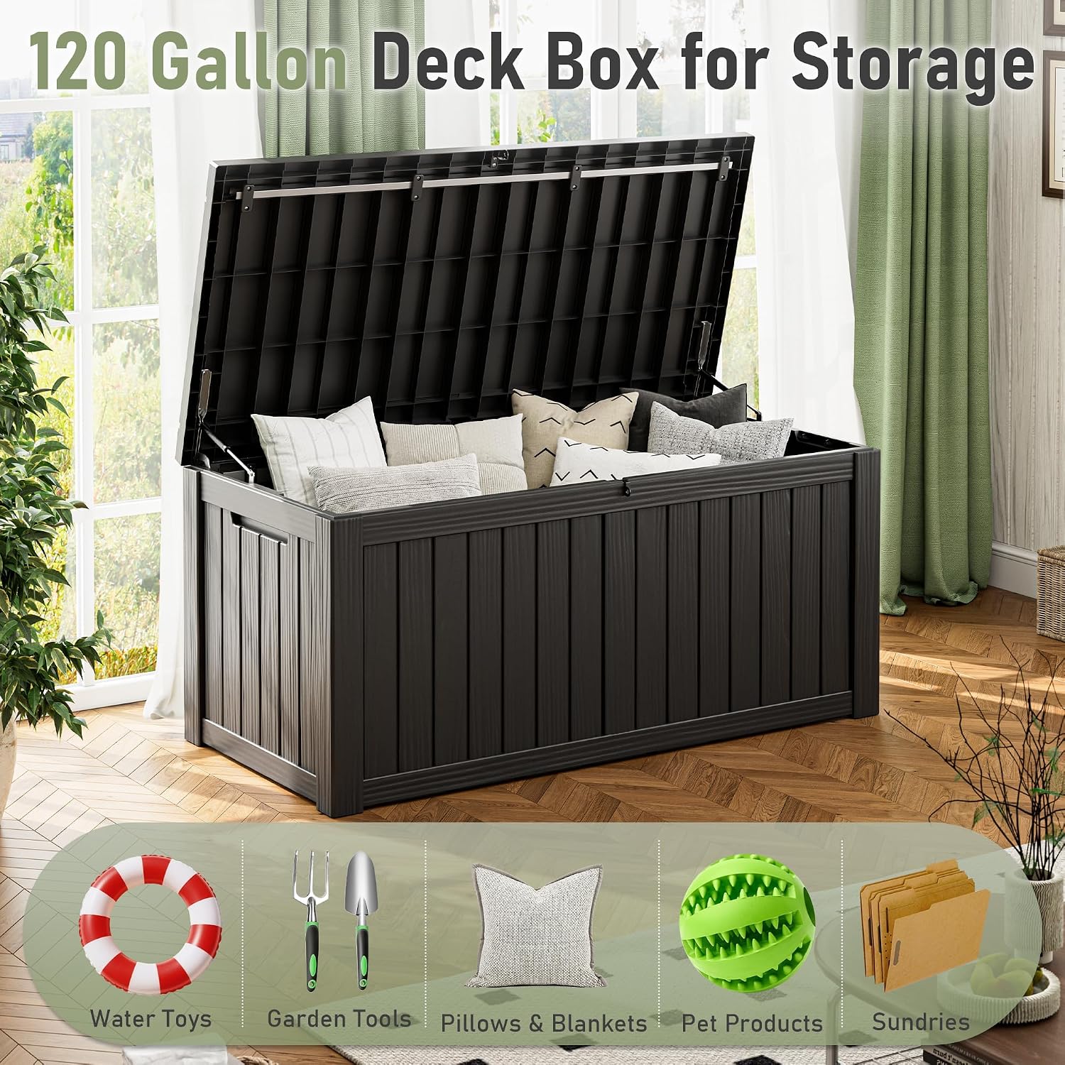 Outdoor Storage Box, 120 Gallon Deck Box, Resin Waterproof Outside Storage Bench, Outdoor Storage Cabinet With Lockable Lid, Backyard Deck Box For Garden Tools, Patio Cushions, Pool Accessories