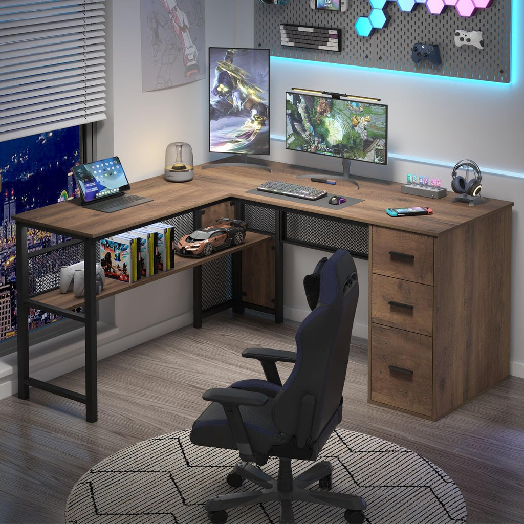 LVB Wood L Shaped Desk, Large Computer Office Desk with File Cabinets, Reversible Executive L Shape Gaming Desk with Drawers, Metal Wooden Corner Desk Table with with Storage Shelf, Rustic Oak 59 Inch