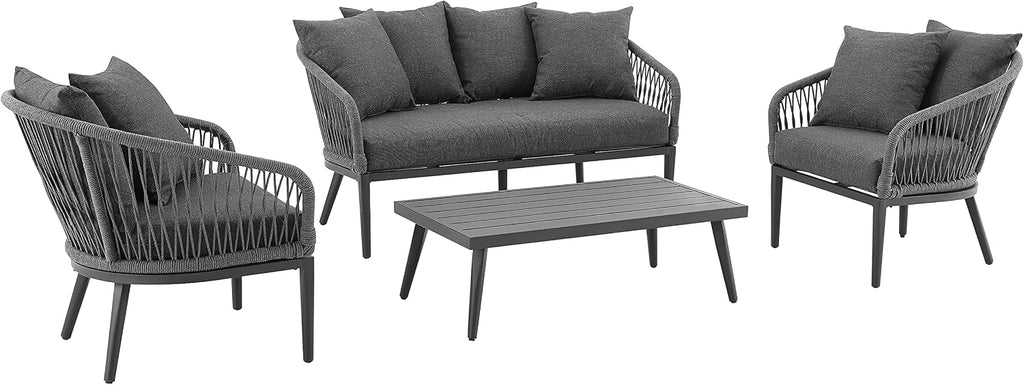 Crosley Furniture Dover 4-Piece Outdoor Loveseat Patio Furniture Set, Conversation Sets for Porch, Deck, Matte Black with Charcoal Cushions