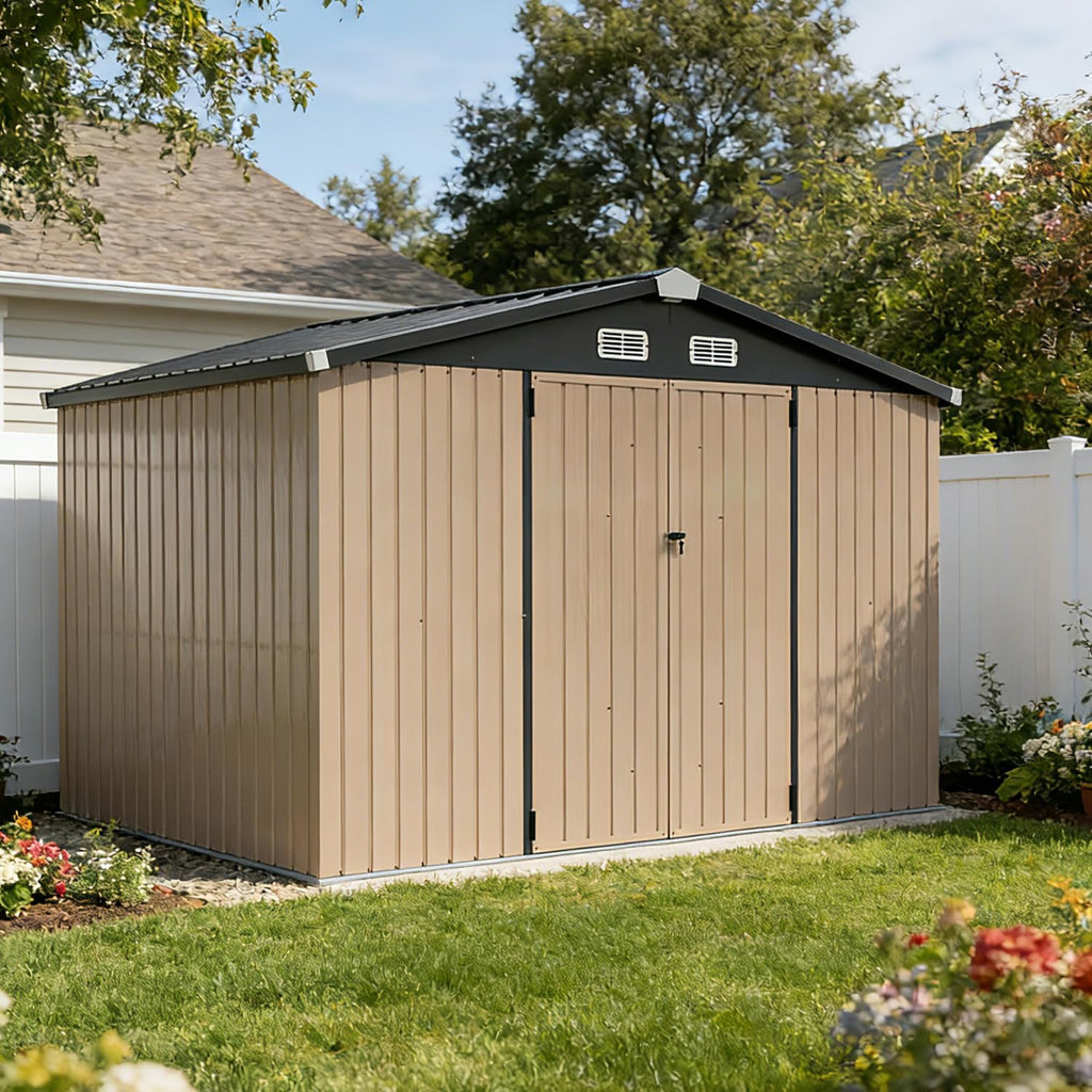 Aoxun 10 x 8FT Outdoor Storage Shed with Double Hinged Large Door Utility Garden Shed with Lockable Door & Sloped Roof Metal Sheds Outdoor Storage for Garden, Backyard, Patio and Backyard, Brown