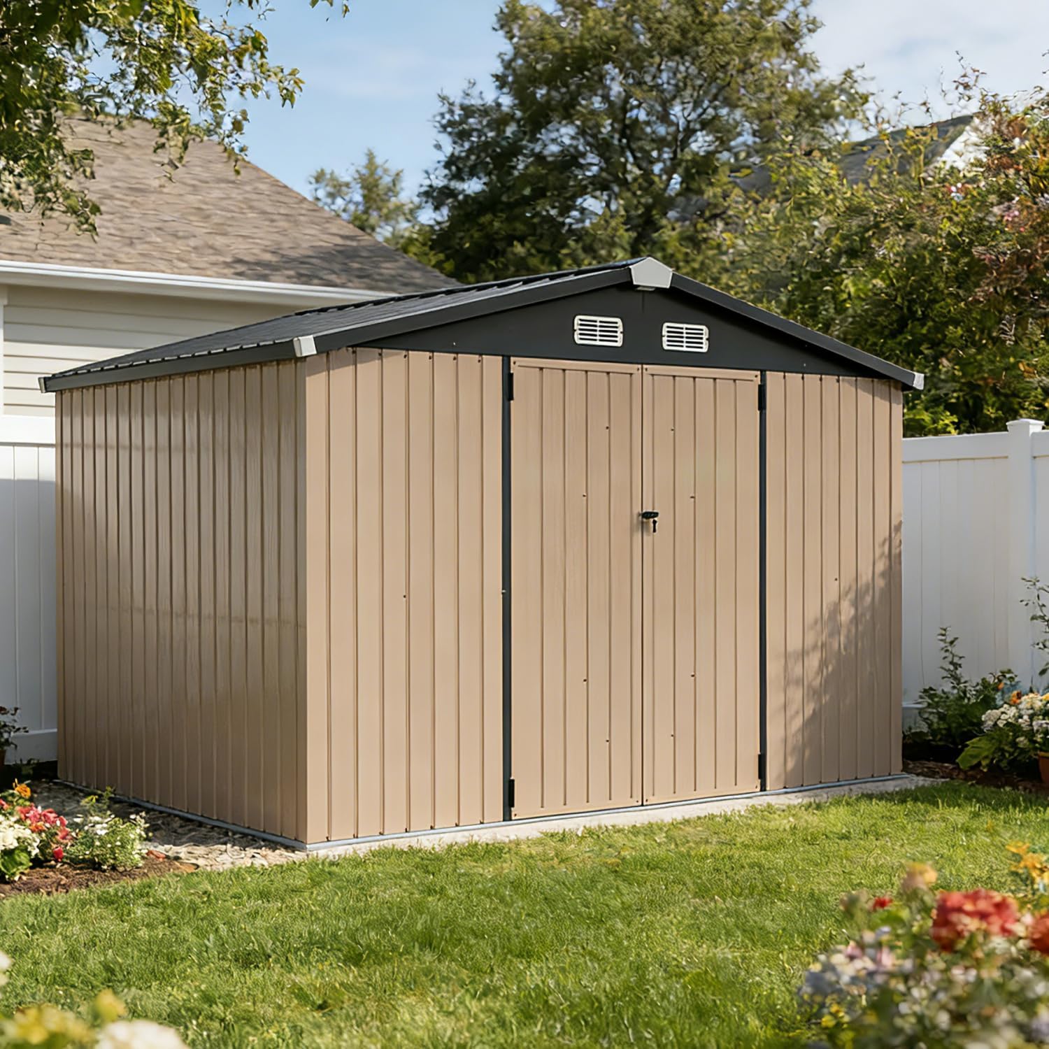 Aoxun 10 x 8FT Outdoor Storage Shed with Double Hinged Large Door Utility Garden Shed with Lockable Door & Sloped Roof Metal Sheds Outdoor Storage for Garden, Backyard, Patio and Backyard, Brown