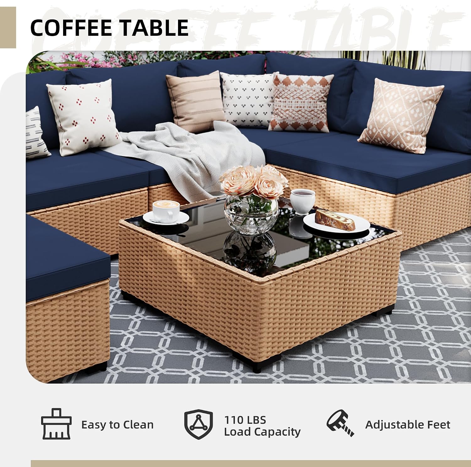 UPHA 9 Pieces Patio Furniture Sets, Wicker Outdoor Sectional Sofa Couch with Rectangle Propane Pit for Deck Backyard Garden, Beige Rattan, Navy Blue Cushion