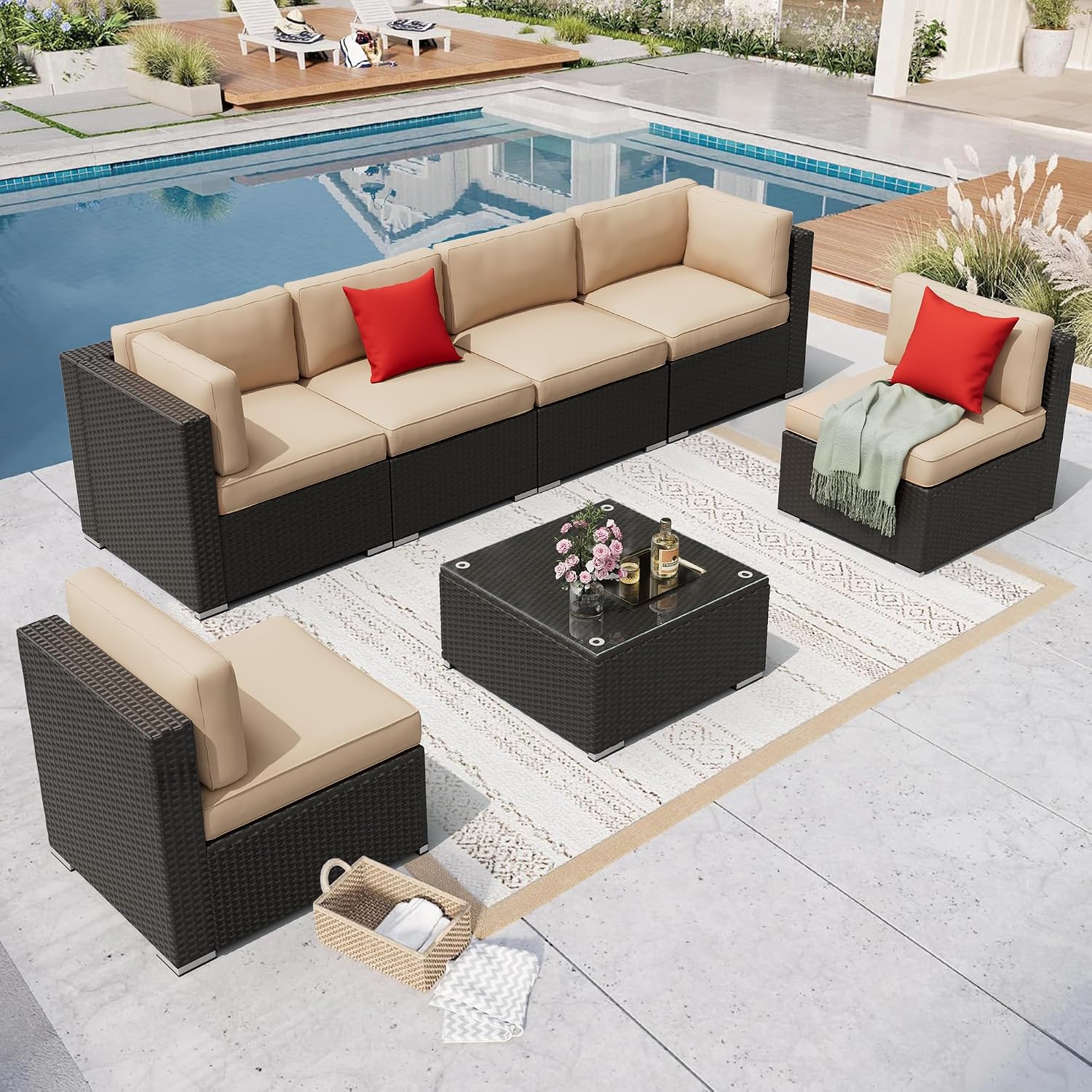 Incbruce 7-Piece Patio Furniture Set, All-Weather Conversation Set, PE Wicker Rattan Outdoor Sectional Couch with Glasstop Table and Removable Cushions (Brown)