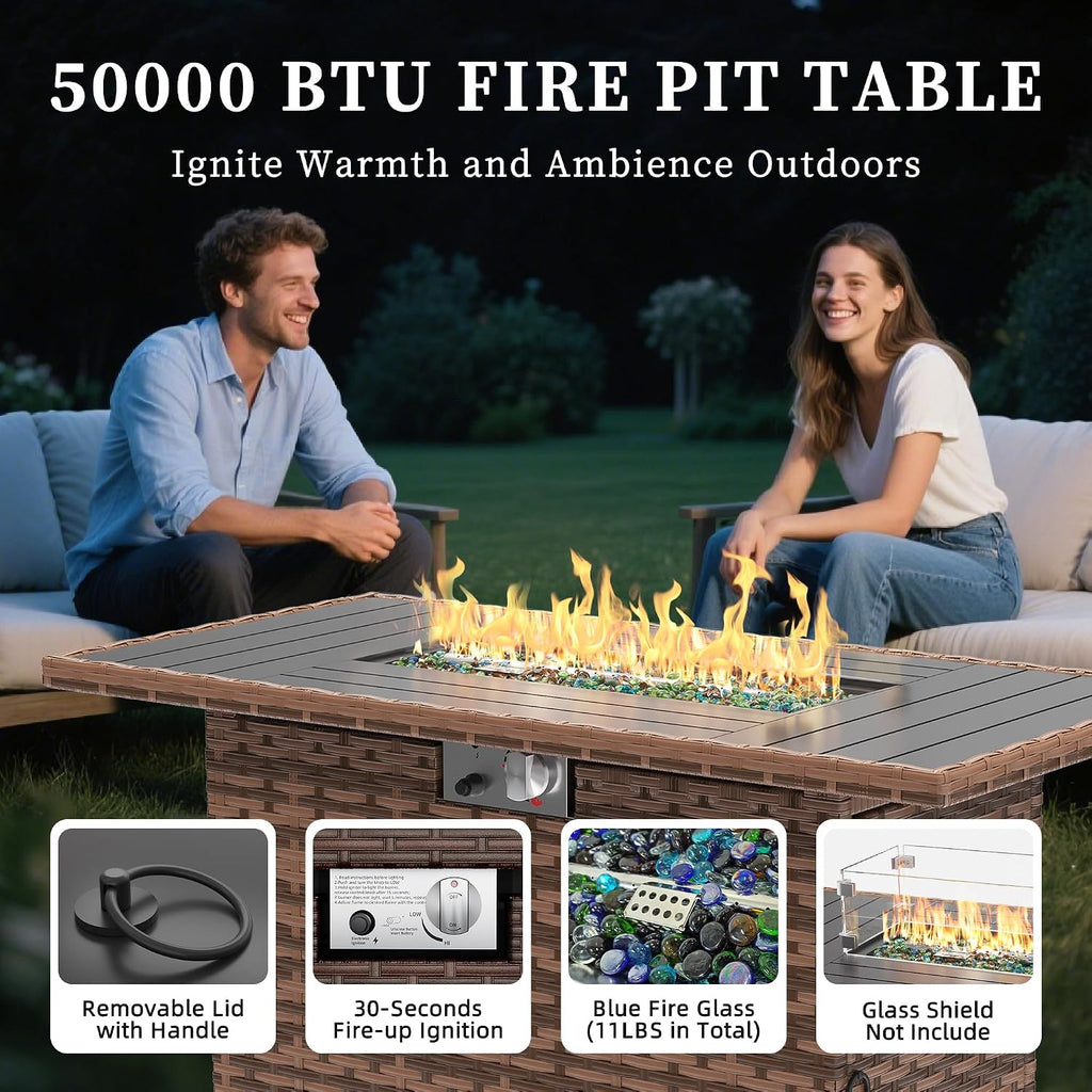 UDPATIO 5 Pieces Patio Furniture Set with Fire Pit Table, Outdoor Furniture Set with Rocking Swivel Chairs, Wicker Patio Set with Waterproof Cover, 4'' Thickened Cushion, Grey