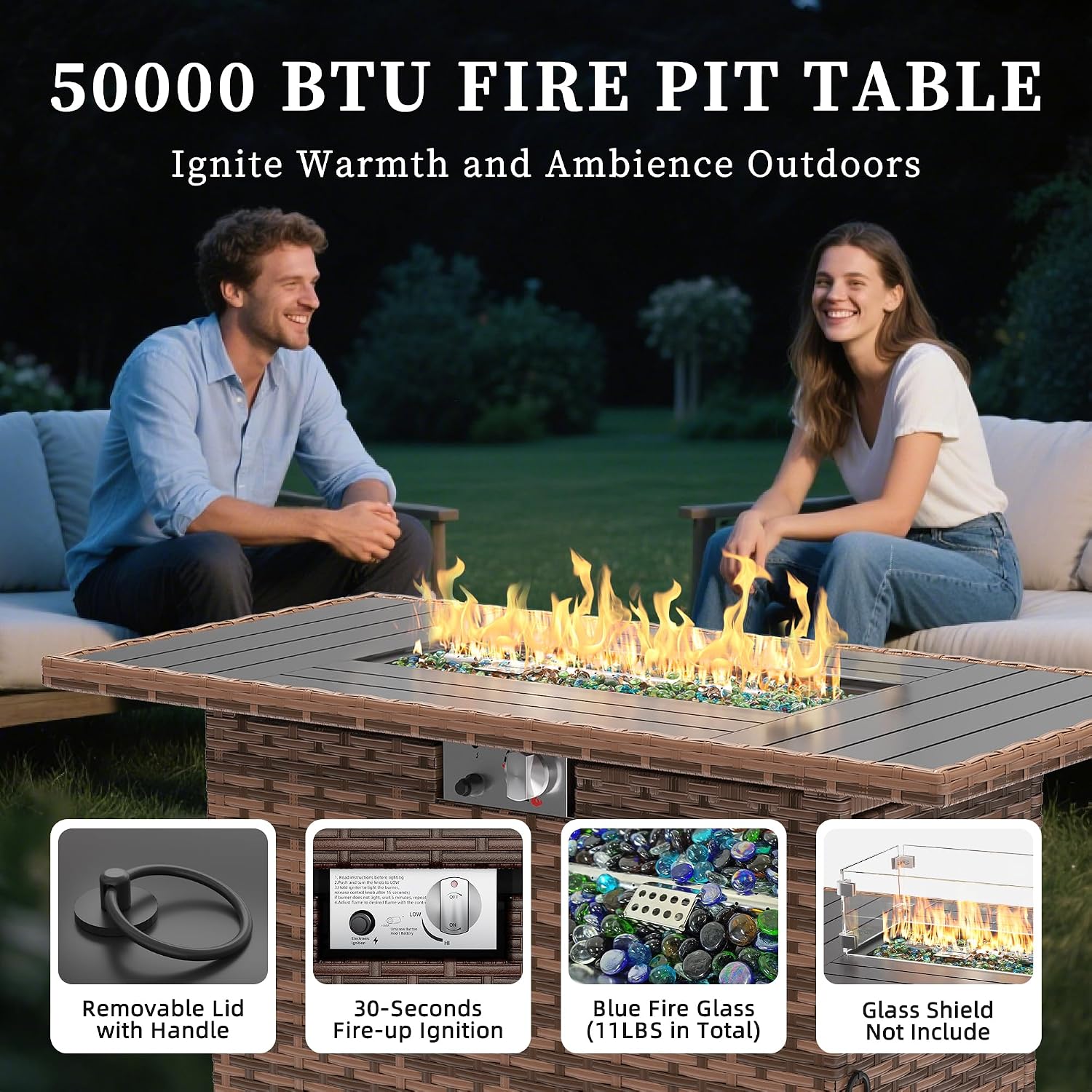 UDPATIO 5 Pieces Patio Furniture Set with Fire Pit Table, Outdoor Furniture Set with Rocking Swivel Chairs, Wicker Patio Set with Waterproof Cover, 4'' Thickened Cushion, Grey