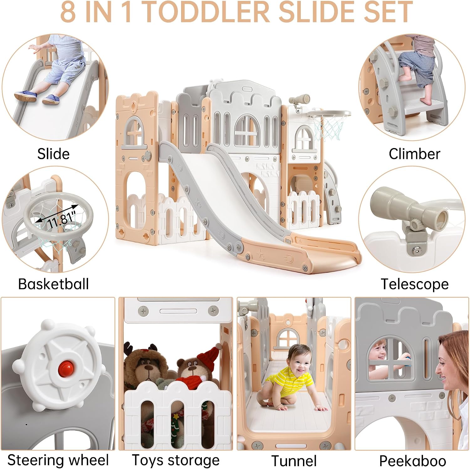 Garvee Toddler Slide 8 in 1 Toddler Playset for Toddlers Age 1-3, Baby Playset for Indoor Outdoor Playground with Climber, Crawling Tunnel, Basketball Hoop, Telescope, Toy Storage