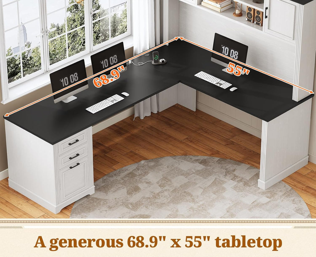 SEDETA Farmhouse L Shaped Desk with Hutch and 3 Drawers, 68.9' Executive Office Desk with File Drawer and Power Outlet, Corner Computer Desk with Storage Shelves for Home Office, White