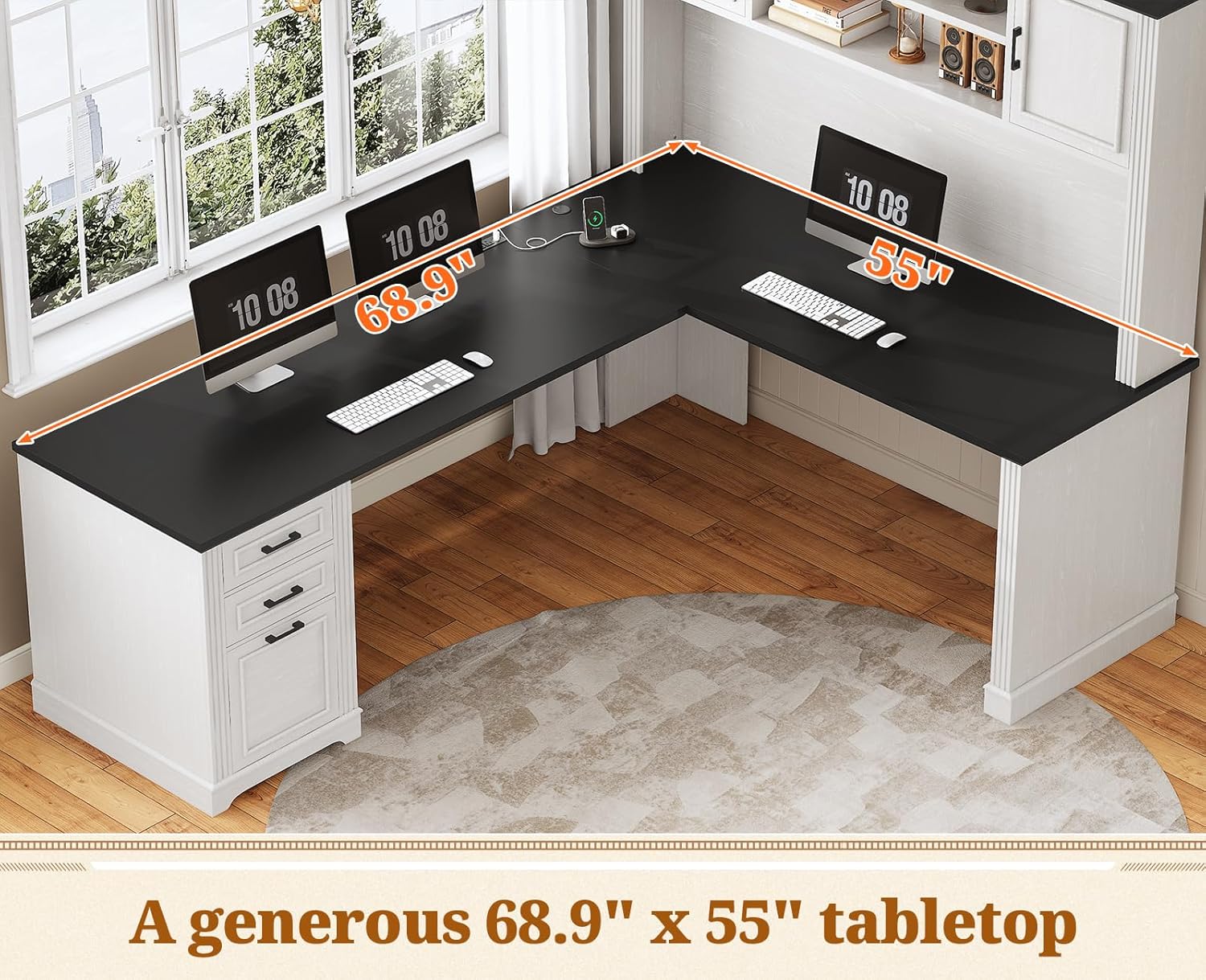 SEDETA Farmhouse L Shaped Desk with Hutch and 3 Drawers, 68.9' Executive Office Desk with File Drawer and Power Outlet, Corner Computer Desk with Storage Shelves for Home Office, White