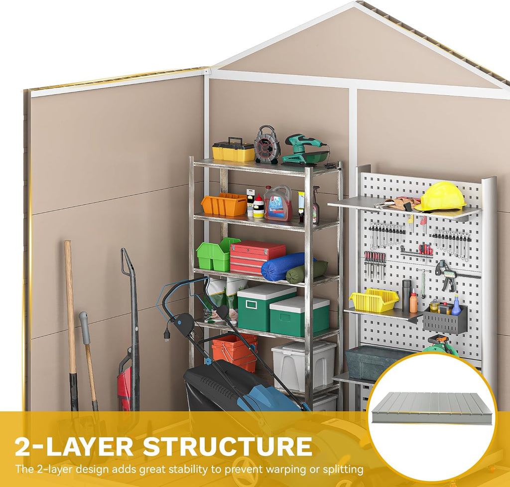 DWVO 6x4.4 FT Outdoor Storage Shed, Plastic Garden Tool Shed with 2 Windows, Double-Wall Outside Shed for Lawn Mower, Garden Tool for Backyard, Patio, Lockable, Beige