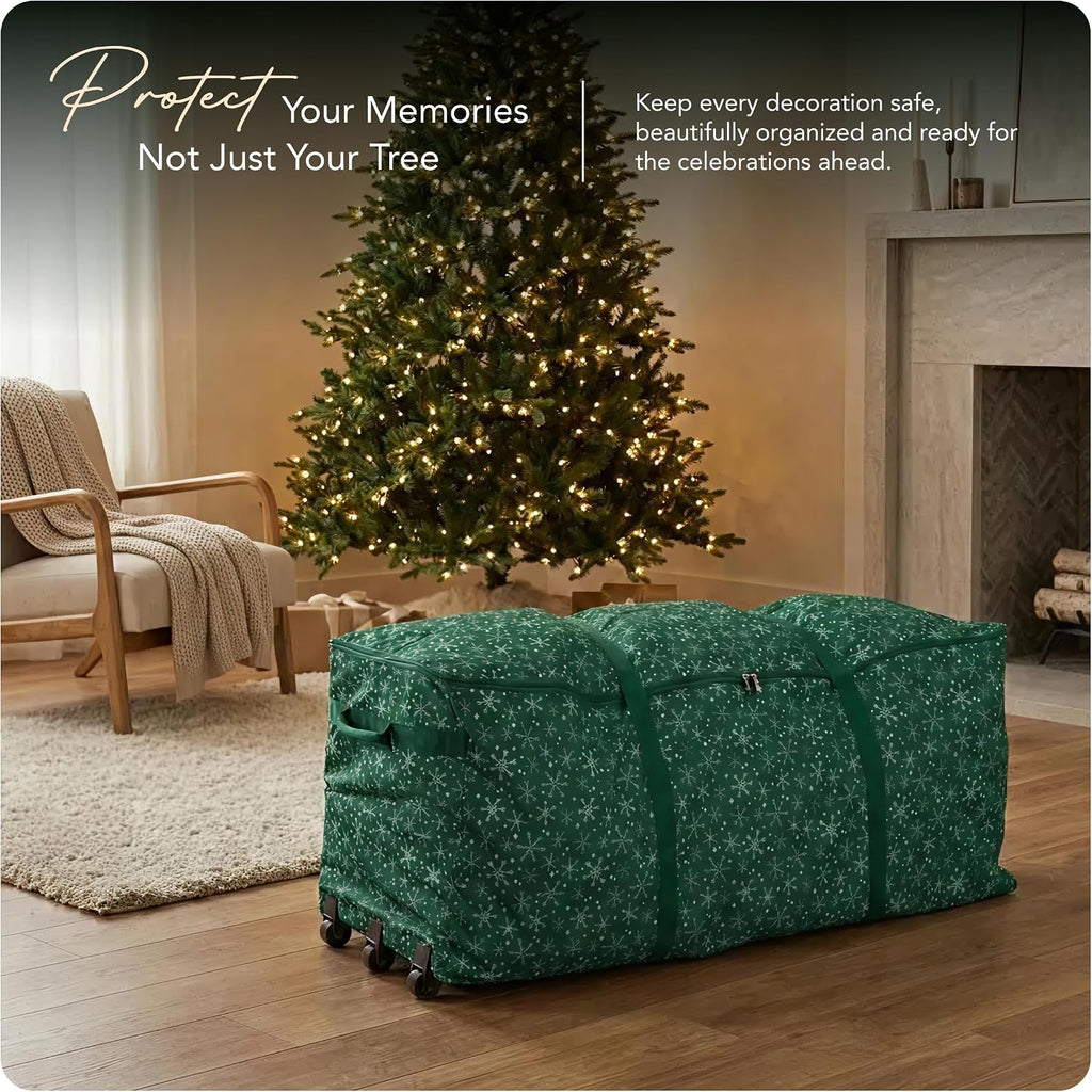 Covermates Keepsakes Christmas Tree Rolling Cinch Bag – Heavy-Duty Polyester Holiday Storage with Wheels, Reinforced Handles & Cinch Straps – Durable Christmas Tree Storage Solution, Green Snowflake