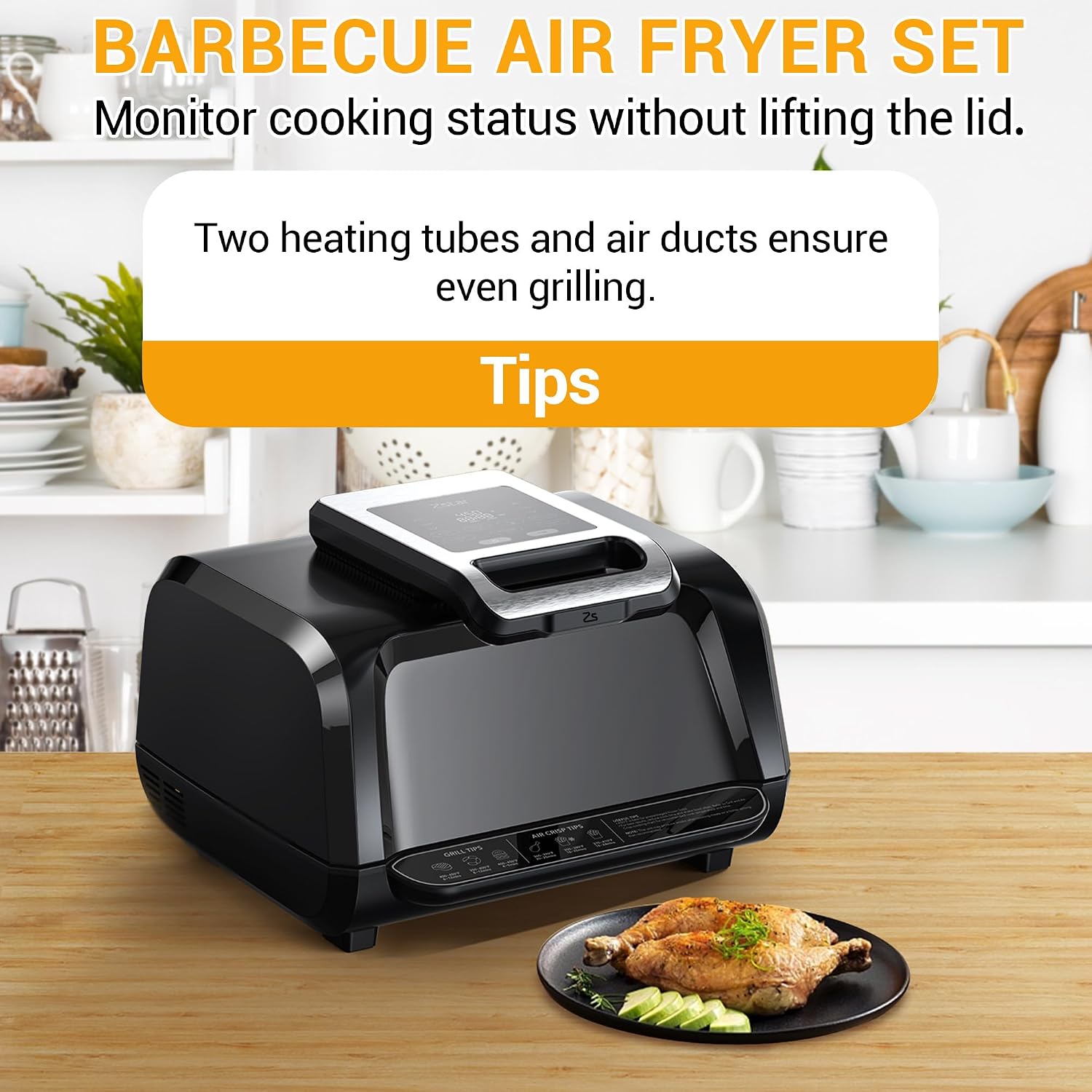1750W 7-In-1 Air Fryer & Smokeless Grill Combo - Indoor Electric Grill with Bake/Roast/Broil/Dehydrate - 4QT Capacity, Smart Thermometer & Viewing Window, Black