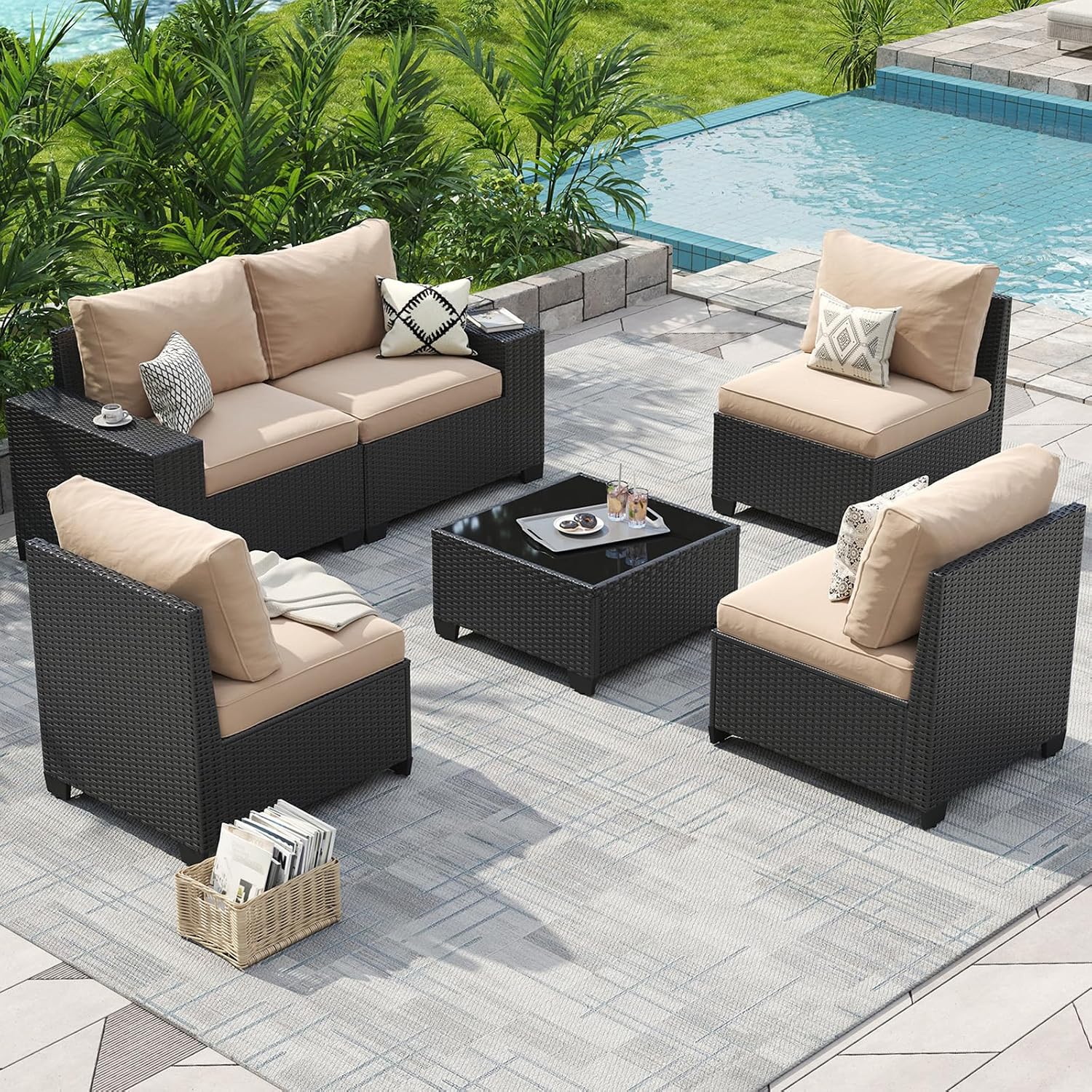 Aoxun Patio Furniture Set, 6 Pcs Outdoor Patio Furniture Sets with 4in Thicken Cushion, Widen Armrests Wicker Outdoor Sectional for Backyard