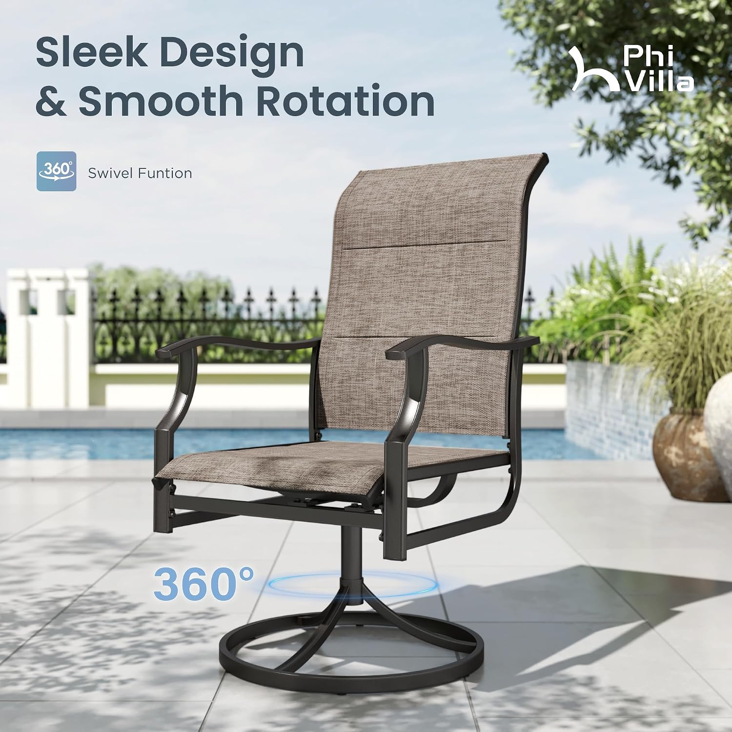 PHI VILLA Swivel Patio Chair Set of 2, 42' High Back Outdoor Chairs with Padded Fabric & E-Coating Frame, All Weather-Resistant for Deck Lawn Garden