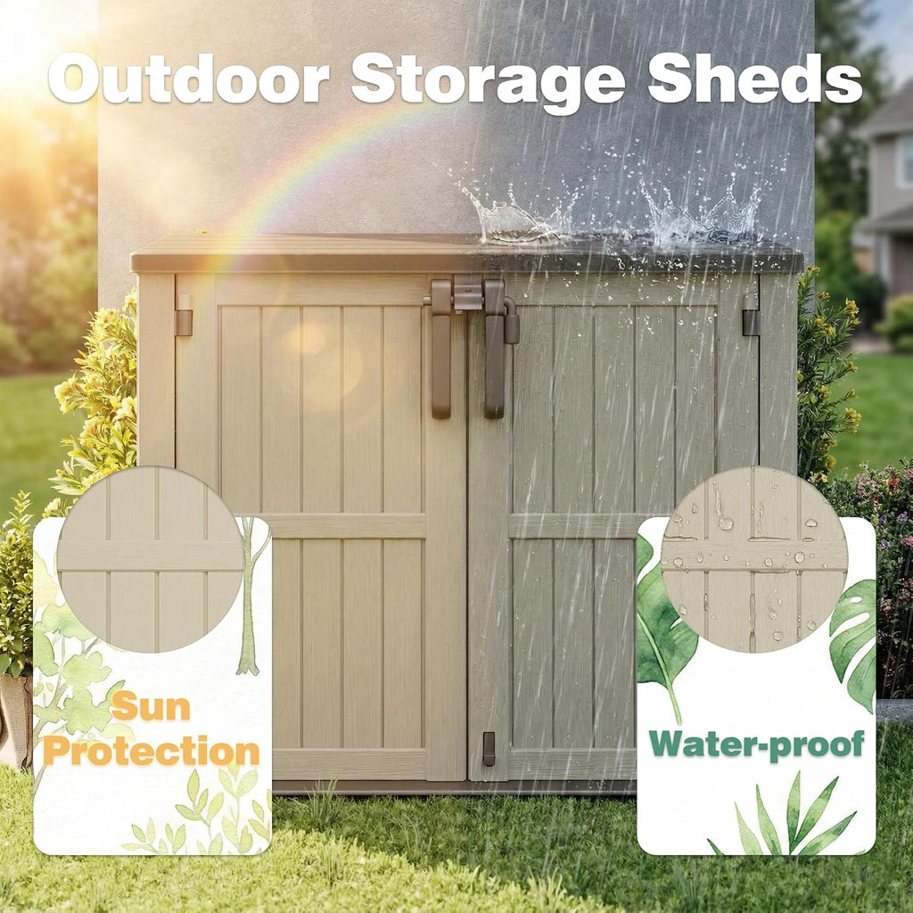 LHBcraft Waterproof Outdoor Storage Shed 36 Cu Ft with Lockable Doors, Portable Horizontal Resin Storage Cabinet, Outdoor Storage Box for Backyards, Brown-Beige