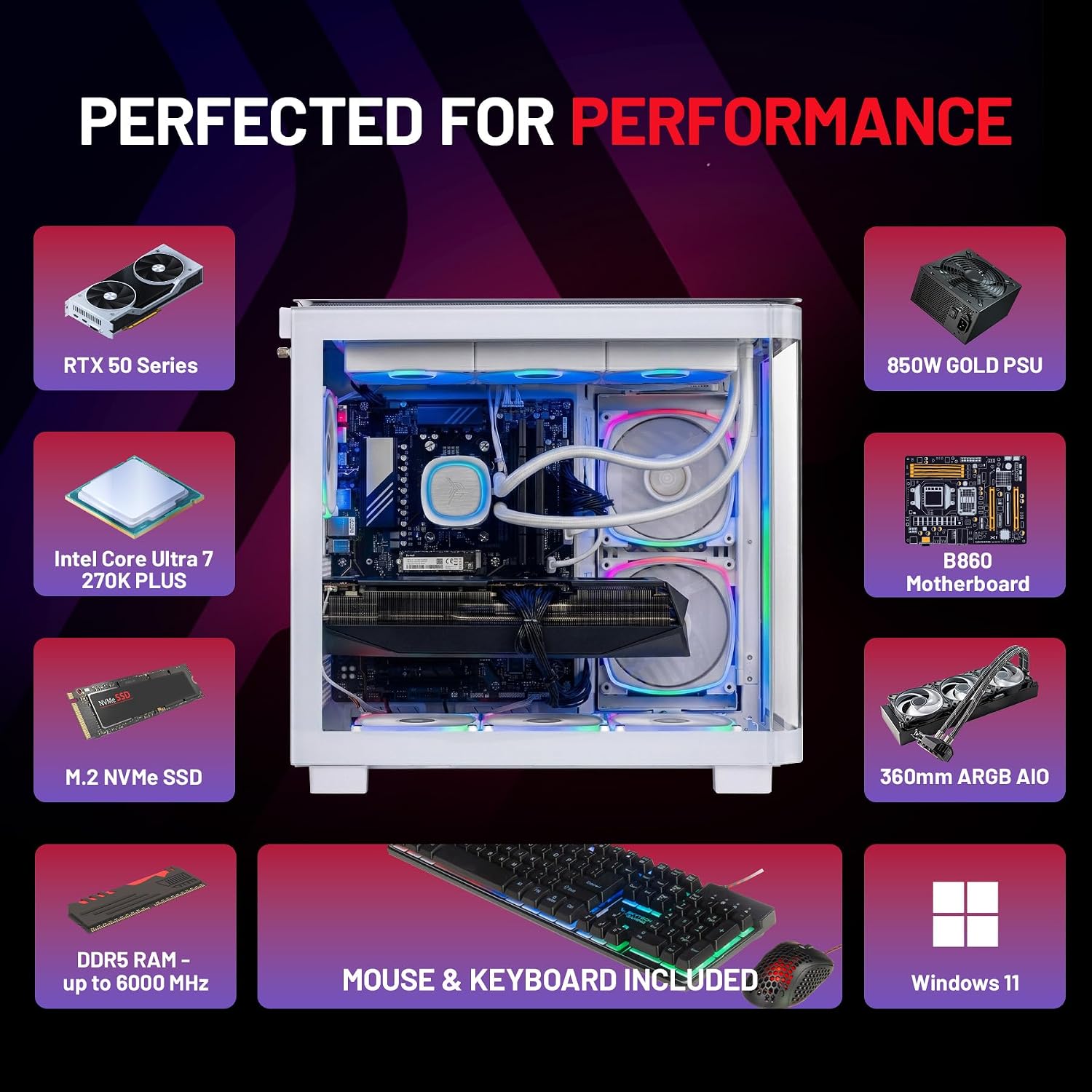 Skytech Gaming King 95 Gaming PC, Intel Ultra 7 270K Plus 5.4GHz, NVIDIA RTX 5070 Ti 16GB VRAM, 1TB Gen4 NVMe SSD, 32GB DDR5 RAM 6000, 850W Gold ATX 3 PSU, 360 ARGB AIO, WI-FI 6, Windows 11, Desktop