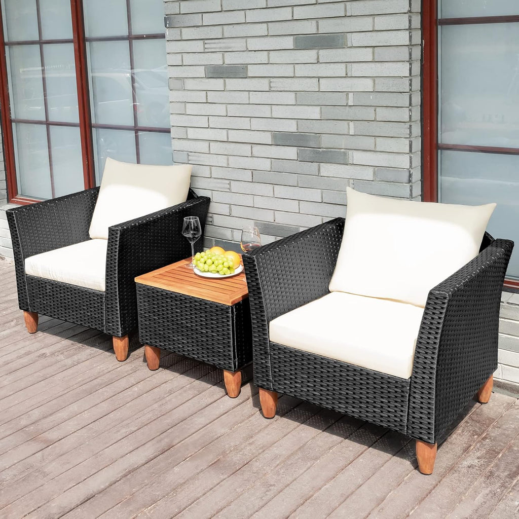 COSTWAY 3 Pieces Patio Rattan Furniture Set, Outdoor Wicker Conversation Chairs Set with Acacia Wood Coffee Table & Washable Cushion, Porch Furniture Bistro Set for Balcony, Garden, Backyard, White