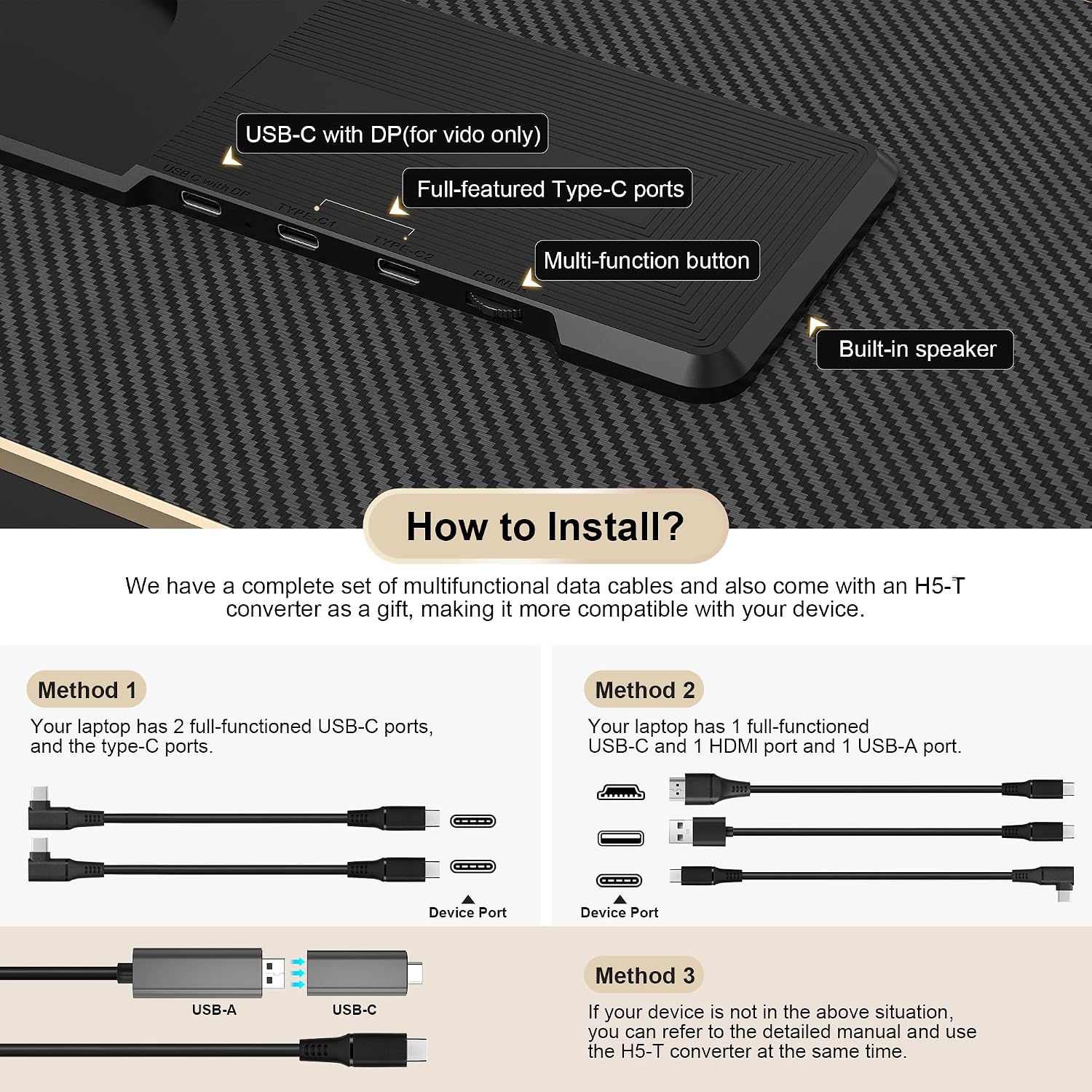 15.6' Laptop Screen Extender, Laptop Monitor Extender 120% sRGB FHD 1080P IPS Type-C/HDMI/USB-A Plug & Play Portable Triple Monitor for 13'-17' Laptops Compatible with Mac, Wins, Android, Chrome