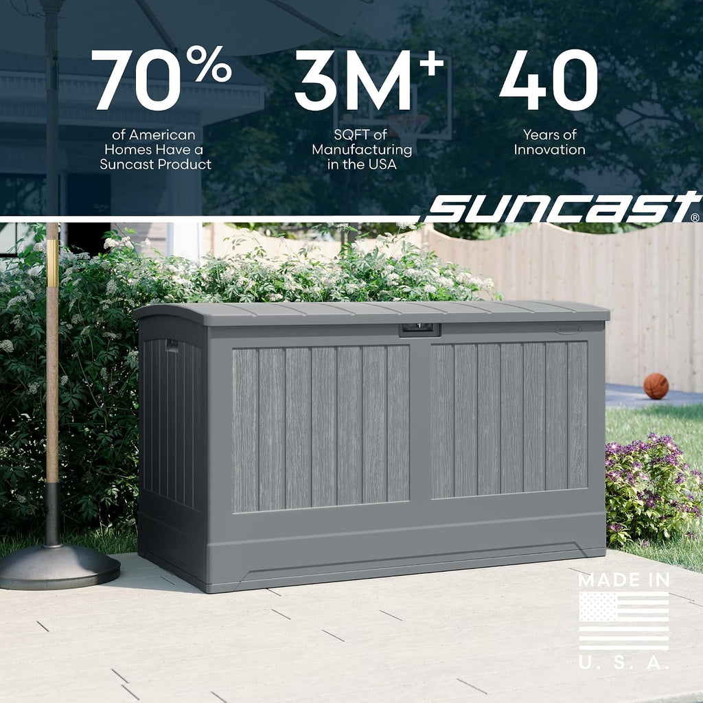 Suncast 200-gal. All-Weather Patio Deck Box, Made in the USA, with Pad-Lockable Lid, Extra-Large Outdoor Storage Unit for Patio Furniture and Grill Tools, Dove Gray Color