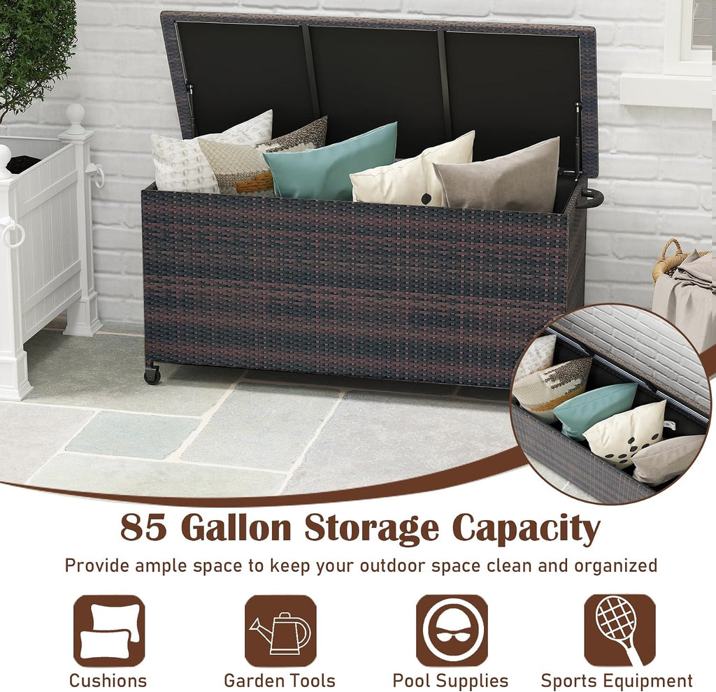 RELAX4LIFE 85-Gallon Deck Box with Wheels - Wicker Rattan Storage Bin Container w/Waterproof Liner & Gas Strut for Patio Cushions, Garden Tools, Pool Supplies, Indoor Outdoor Storage Box (Brown)