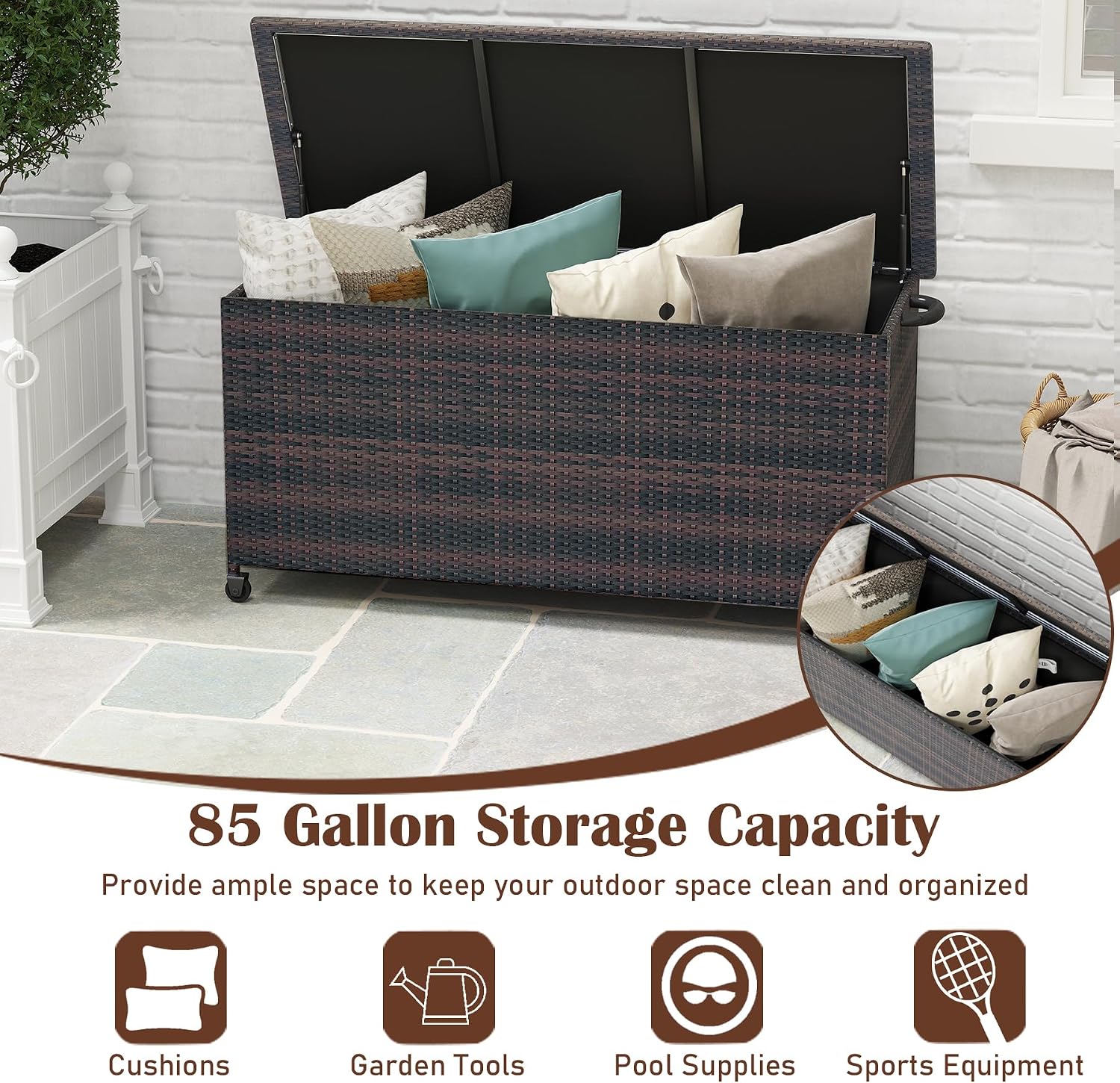 RELAX4LIFE 85-Gallon Deck Box with Wheels - Wicker Rattan Storage Bin Container w/Waterproof Liner & Gas Strut for Patio Cushions, Garden Tools, Pool Supplies, Indoor Outdoor Storage Box (Brown)