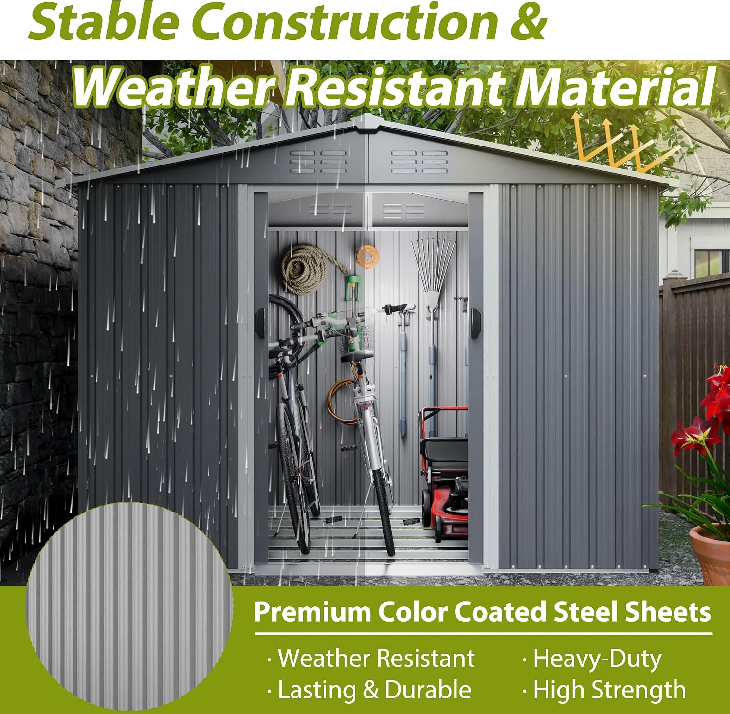 8x6 ft Outdoor Metal Storage Shed with Sliding Door, Heavy-Duty Weather Resistant Steel Garden Shed with Floor Base Kit Included