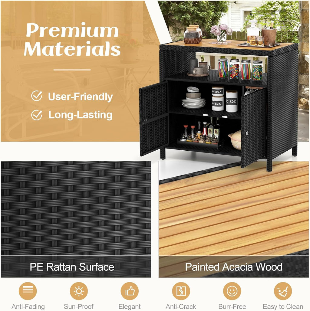 Tangkula Rattan Outdoor Storage Cabinet, Patiojoy Outdoor Cabinet with Acacia Wood Countertop, Open Compartment, 2-Door Wicker Sideboard, Outdoor Bar for Patio Garden Backyard Poolside (Black)