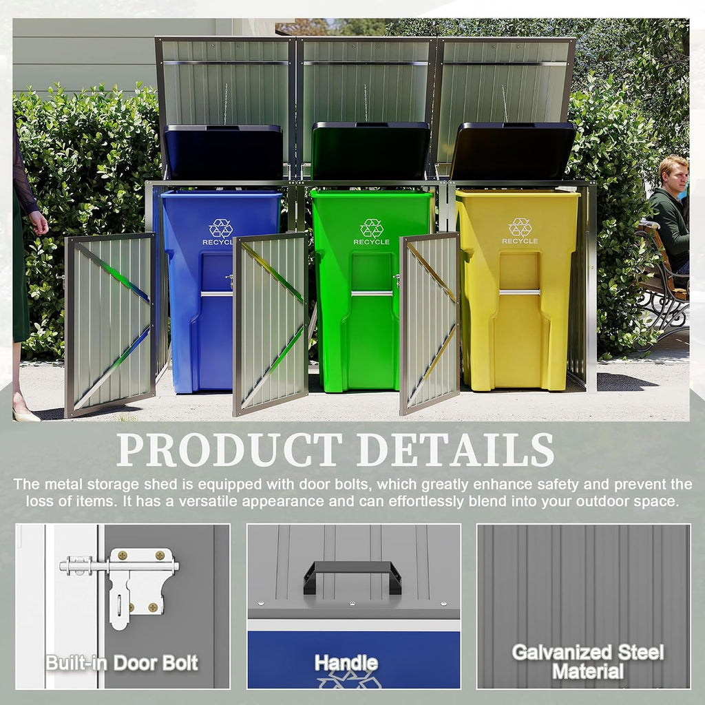 120 Cu.Ft Large Outdoor Trash Can Storage Shed for 3 Bins, Metal Garbage Can Enclosure, Waterproof Outdoor Trash Storage Cabinet & Small Generator Shed for Garden & Yard (Light Gray)