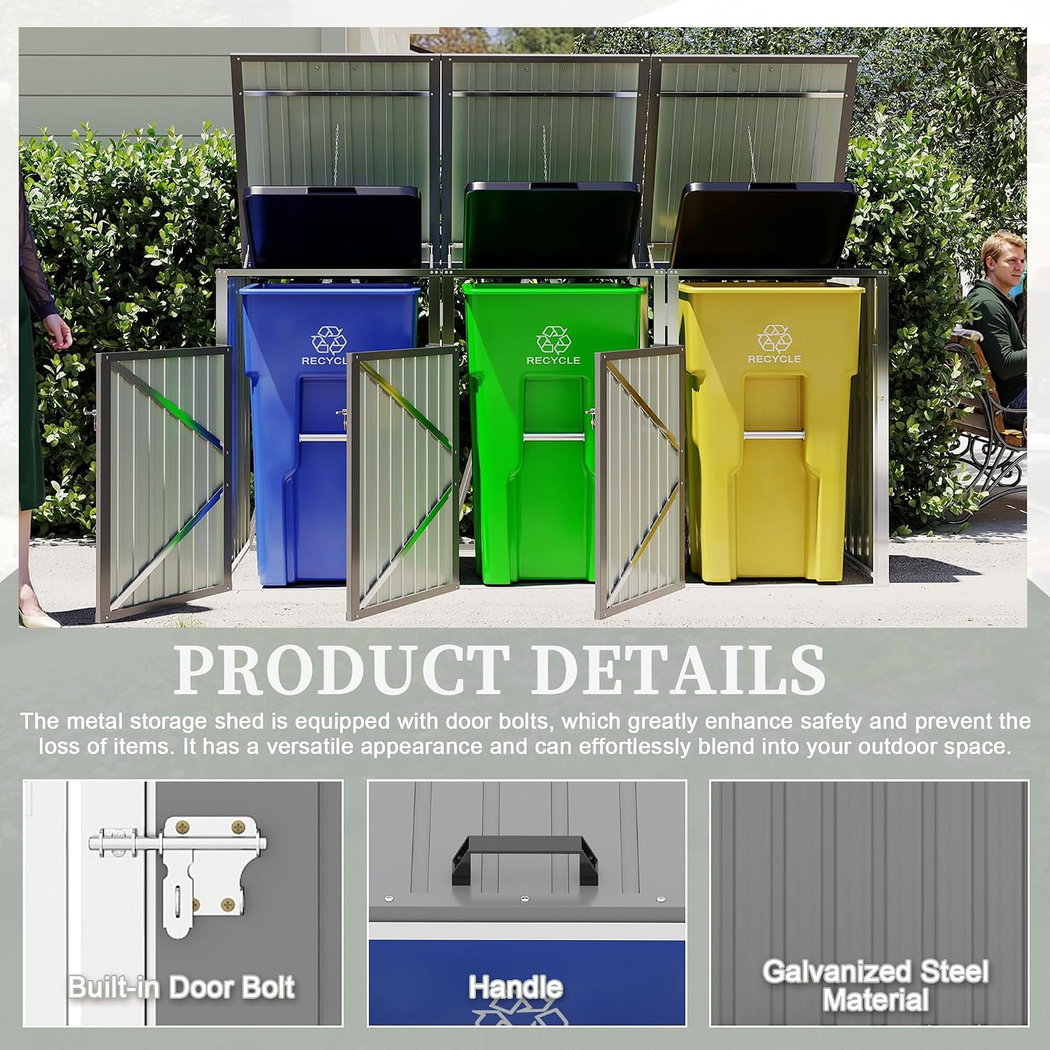 120 Cu.Ft Large Outdoor Trash Can Storage Shed for 3 Bins, Metal Garbage Can Enclosure, Waterproof Outdoor Trash Storage Cabinet & Small Generator Shed for Garden & Yard (Light Gray)