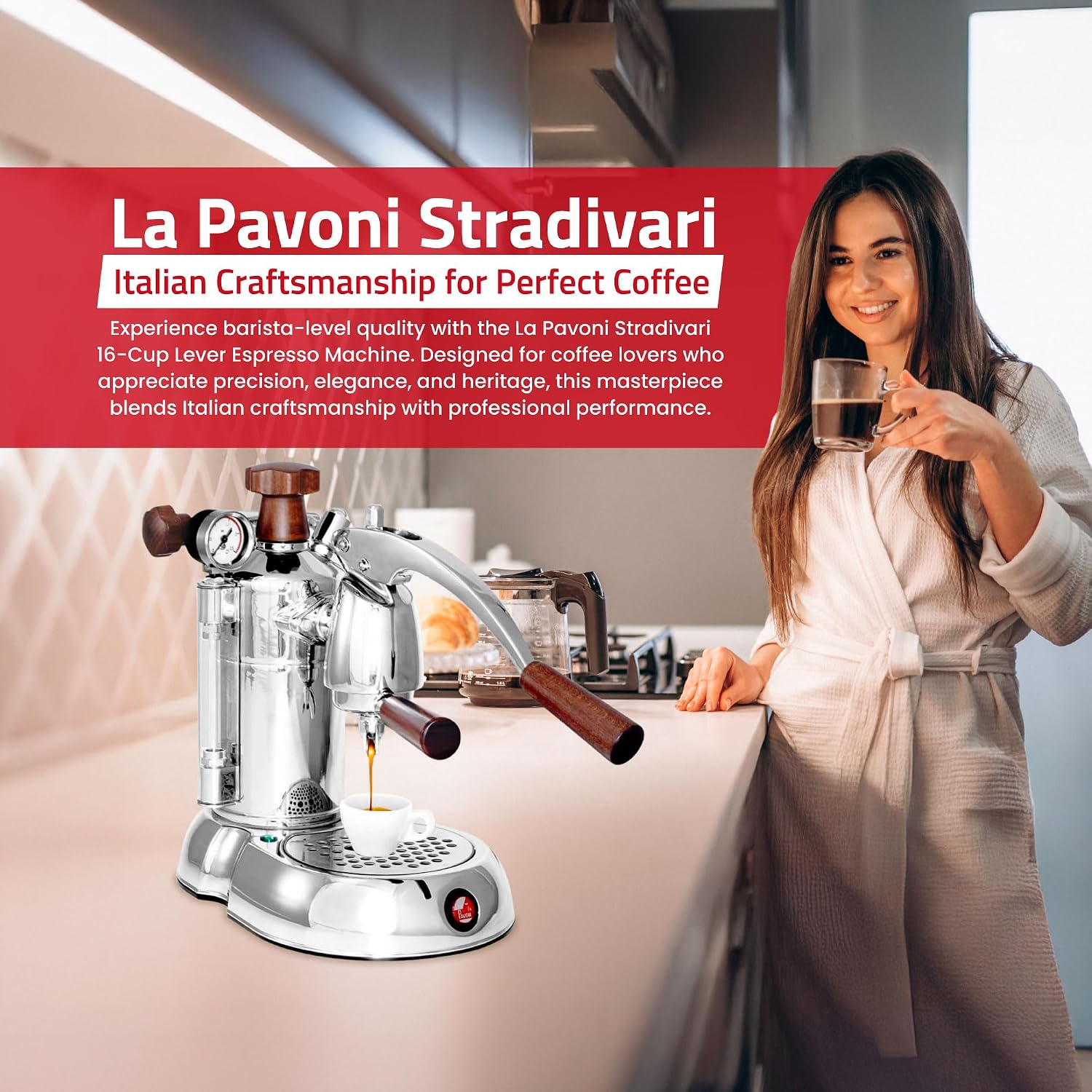 La Pavoni PSW-16 Stradavari 16-Cup Espresso Machine, Chrome with Wood Handles,Silver