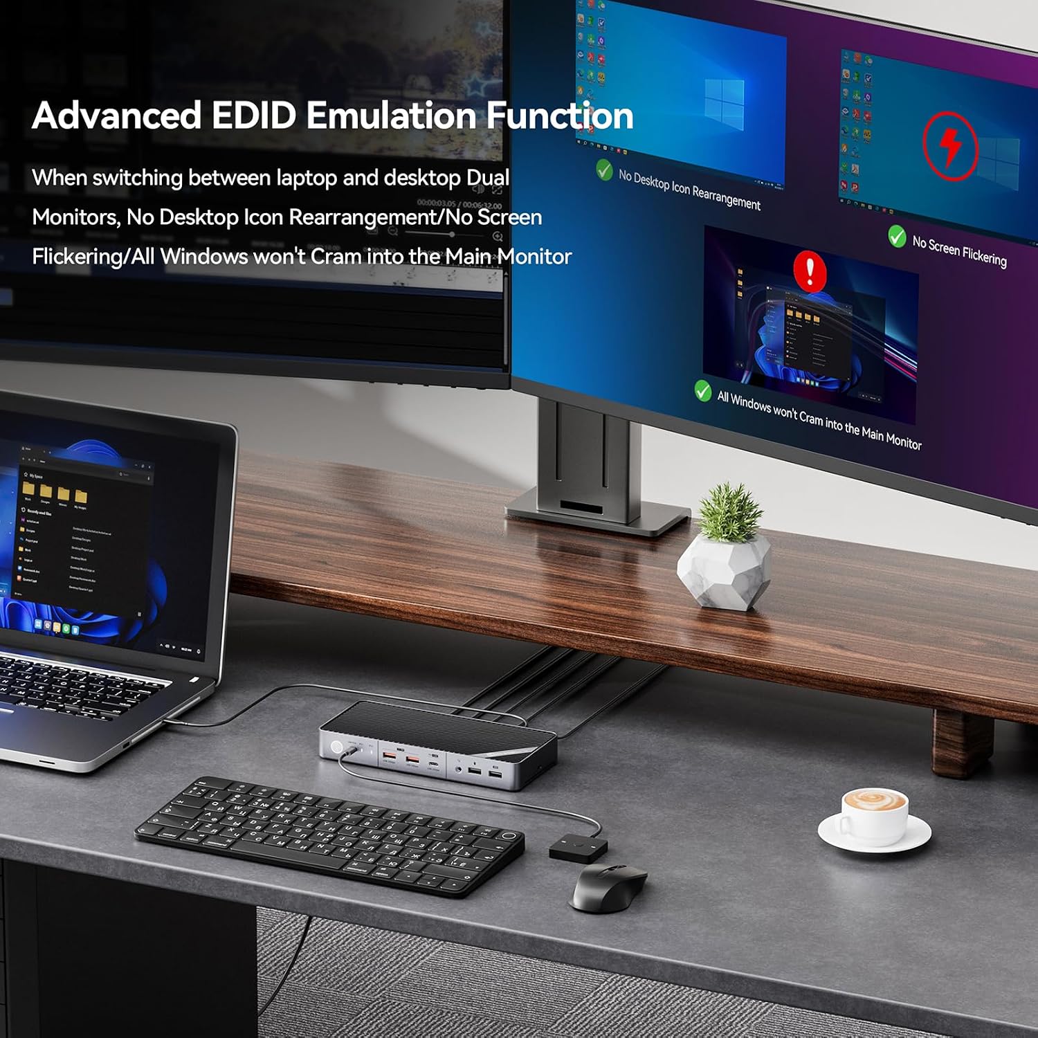 Minisopuru Dual Monitor KVM Switch Docking Station for Laptop & Desktop - with 4K@60Hz HDMI,15W Charge, EDID, 5 USB A USB-C, Audio, for Thunderbolt 5/4/3, USB-C Windows Laptops(Not Support MacBook)