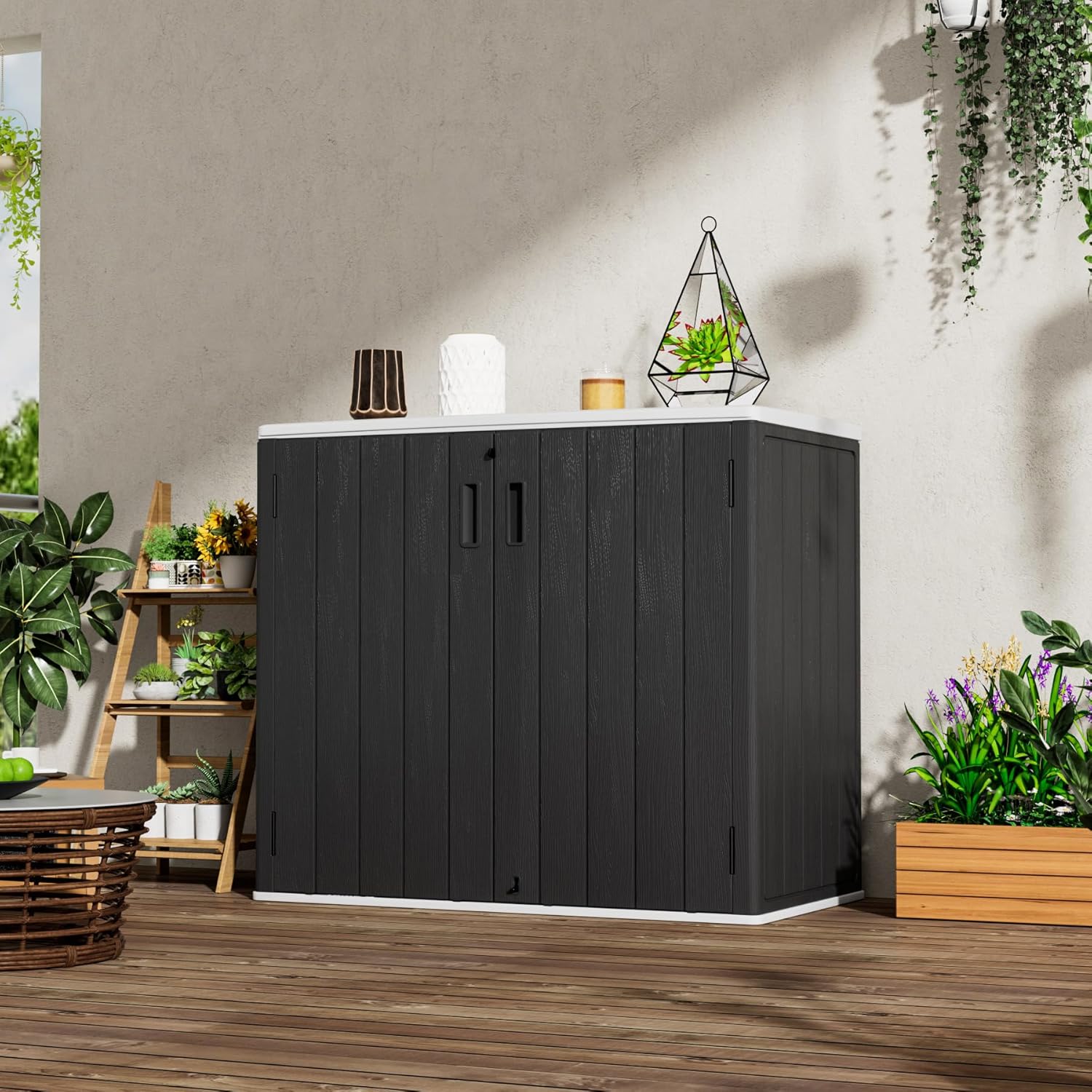 Mrosaa Large Outdoor Storage Box,Resin Sheds&Outdoor Storage Waterproof/Lockable,Outdoor Storage Cabinets for Balcony,Garage,Backyard (37Cu.ft-Black White)