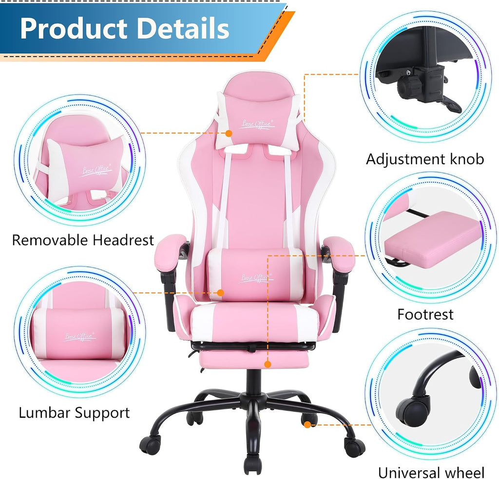 PayLessHere Ergonomic Racing Desk Chair Computer Chair Gaming Chair with Footrest Lumbar Support Headrest Armrest Task Rolling Swivel Ergonomic E-Sports Adjustable PC Gamer Chair (Pink)