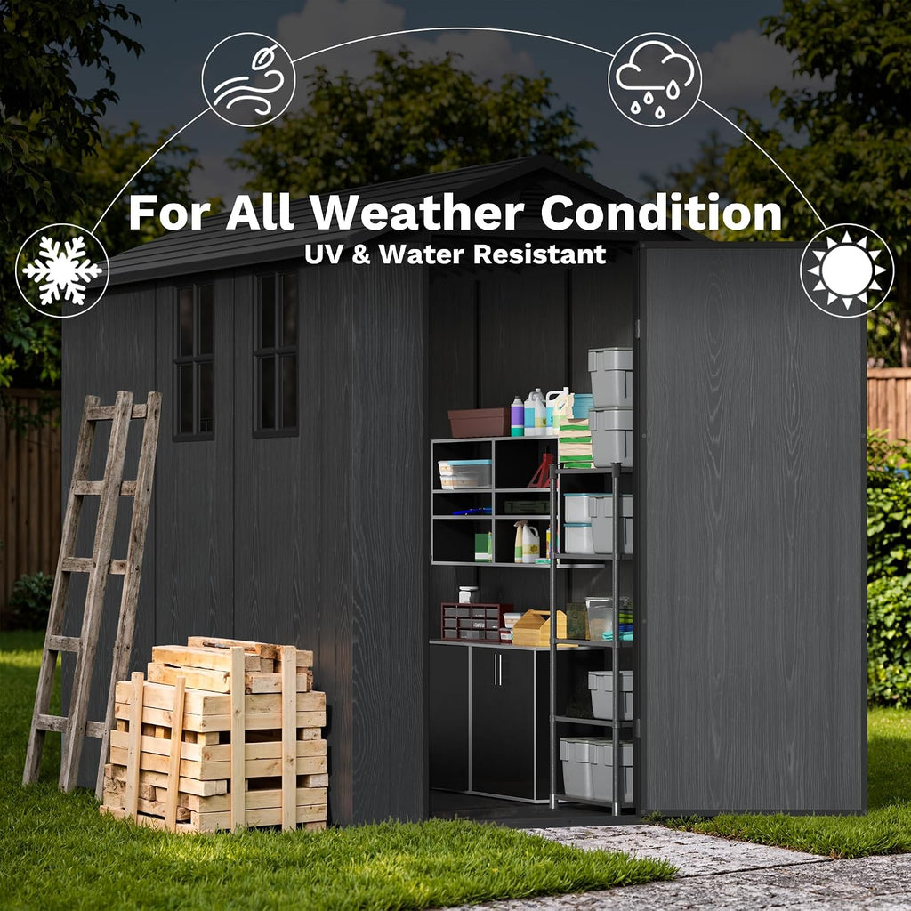 Devoko 4×8 FT Resin Outdoor Storage Shed, Garden Shed with Floor, Lockable Door and Two Windows, Waterproof Outside Plastic shed for Backyard Bike, Tools, Lawn Mower, Dark Grey
