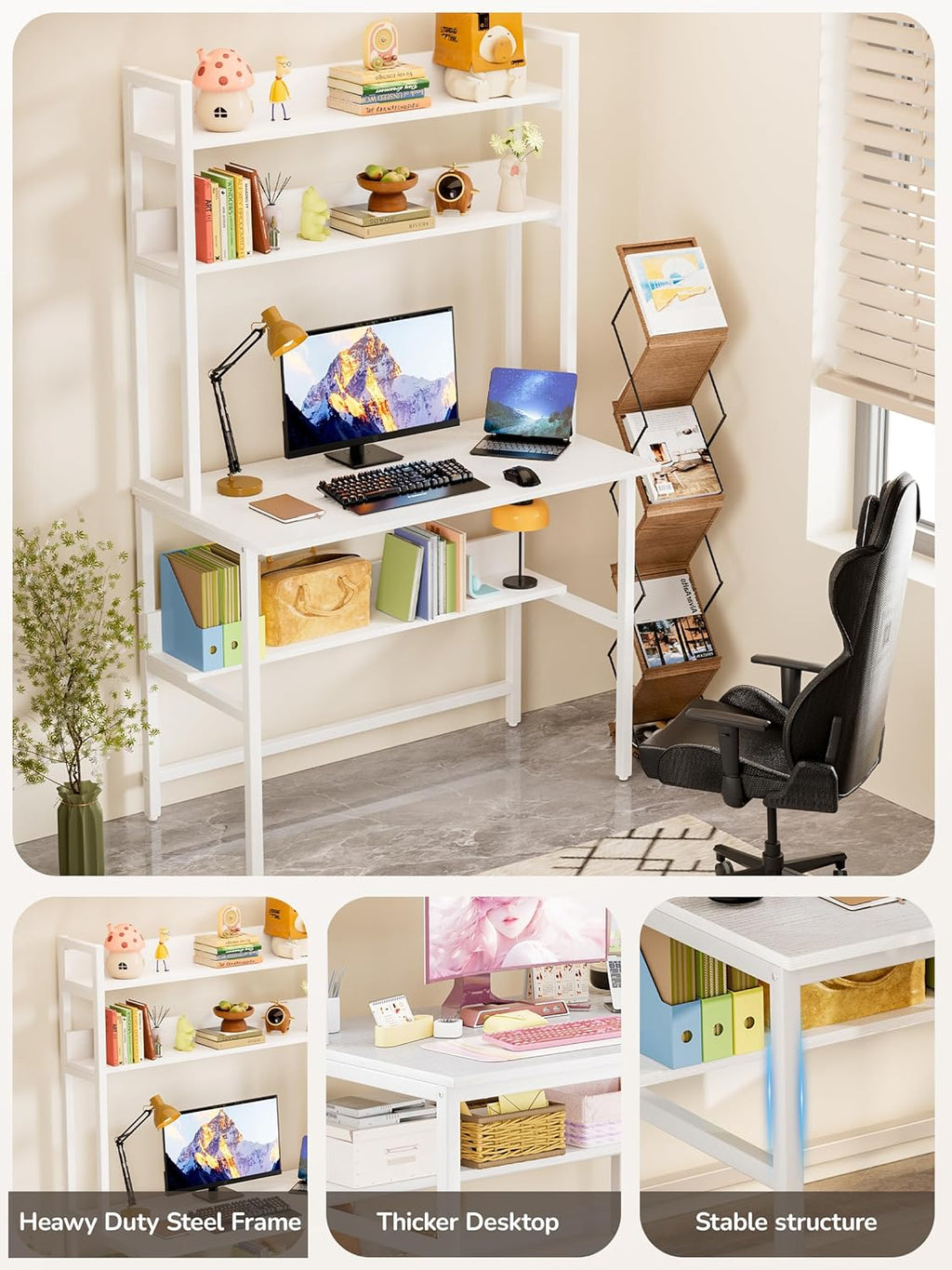 Aquzee Computer Desk with Hutch, 40'W x 19.6' D Desk with Shelves, Tall Home Office Desk with Bookshelf, Metal Legs Study Table with Upper Storage Shelf for Study Writing/Workstation, White