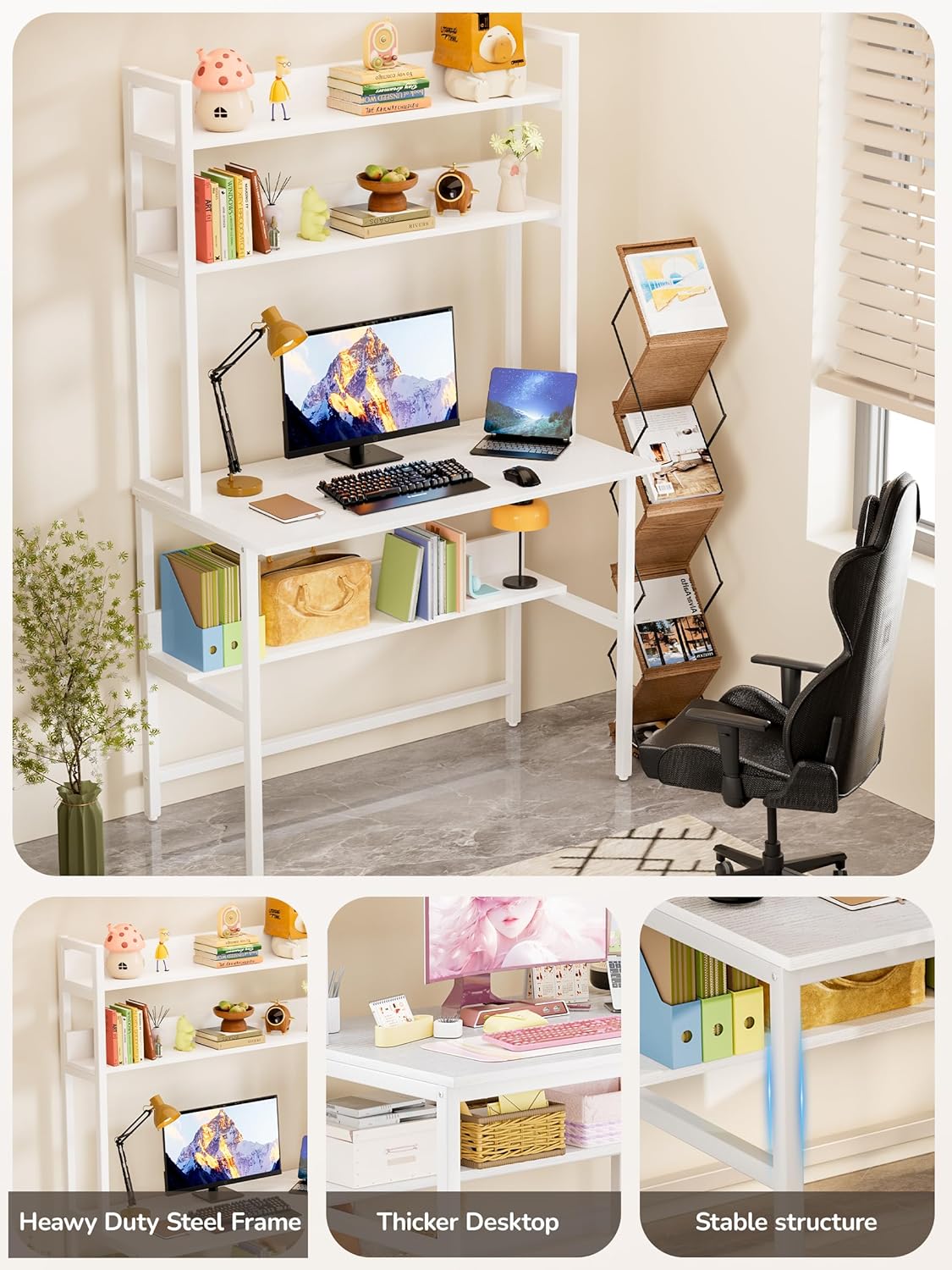 Aquzee Computer Desk with Hutch, 40'W x 19.6' D Desk with Shelves, Tall Home Office Desk with Bookshelf, Metal Legs Study Table with Upper Storage Shelf for Study Writing/Workstation, White