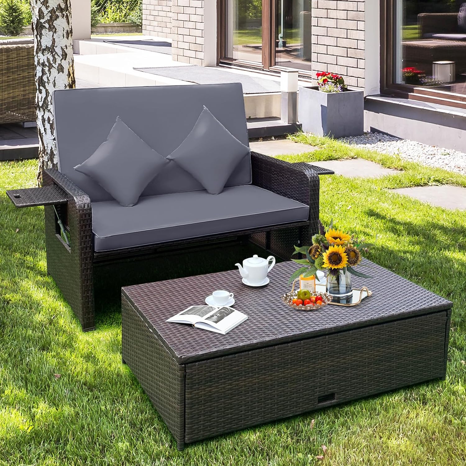 Tangkula Patio Rattan Daybed with 4-Level Adjustable Backrest, Outdoor PE Wicker Loveseat with Storage Ottoman & Folding Side Tray, Double Sunbed Lounger for Balcony, Backyard & Poolside, Grey & Brown