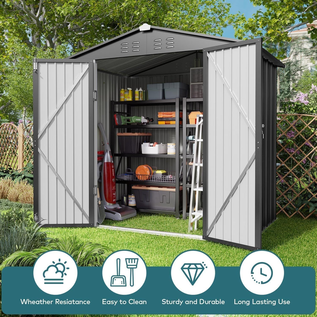 Gizoon Outdoor Storage Shed 6 x 4 FT, Galvanized Metal Garden Shed with Double Lockable Doors, Outdoor Storage Clearance for Backyard Patio Lawn-Dark Grey