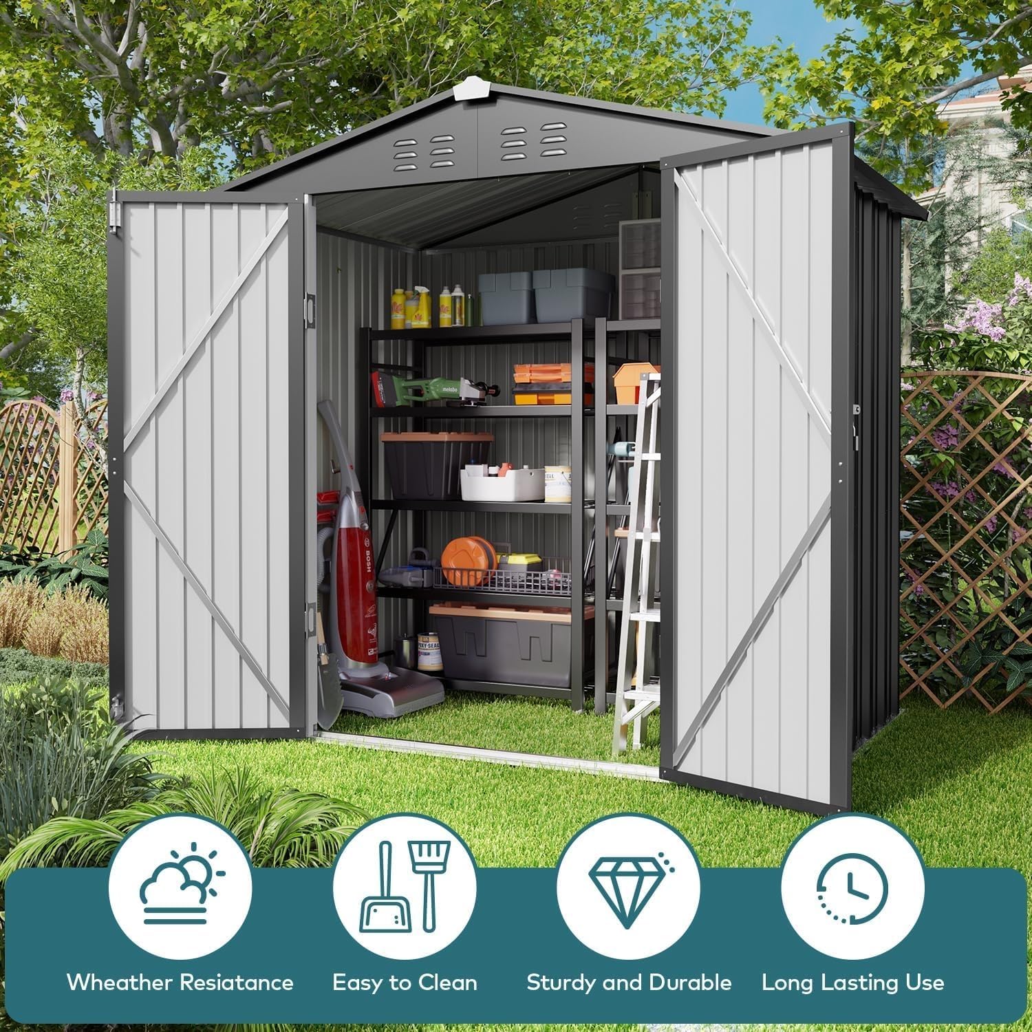 Gizoon Outdoor Storage Shed 6 x 4 FT, Galvanized Metal Garden Shed with Double Lockable Doors, Outdoor Storage Clearance for Backyard Patio Lawn-Dark Grey
