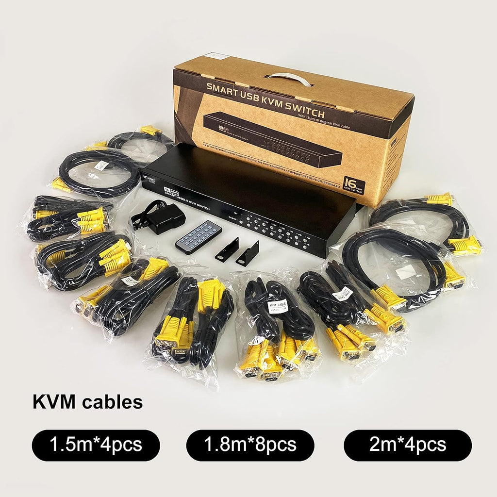 MT-VIKI 16 Port KVM Switch, 16X1 Rackmount KVM Switch VGA, Included 16 KVM Cables & Remote, Fit 1U 19'' Rack