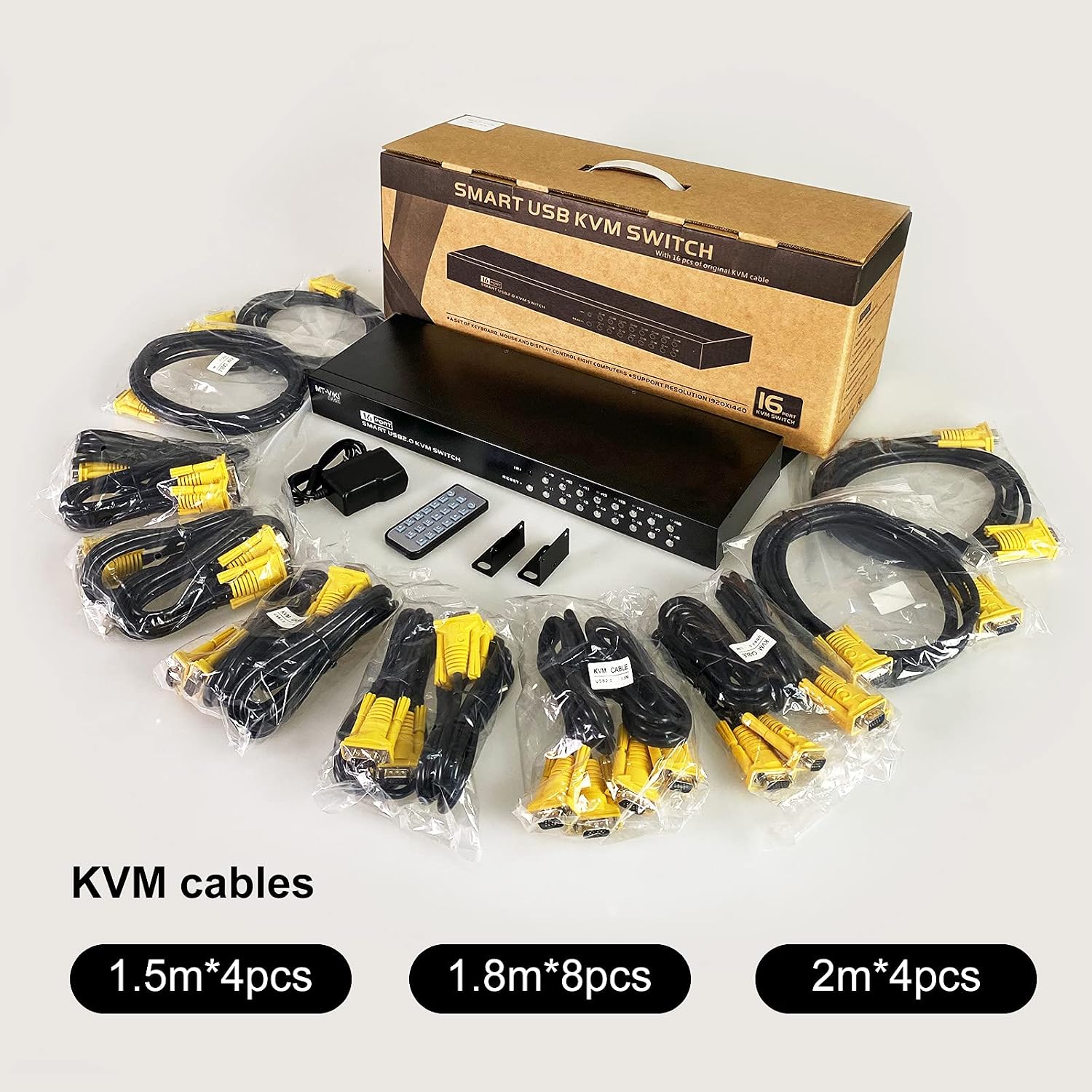 MT-VIKI 16 Port KVM Switch, 16X1 Rackmount KVM Switch VGA, Included 16 KVM Cables & Remote, Fit 1U 19'' Rack