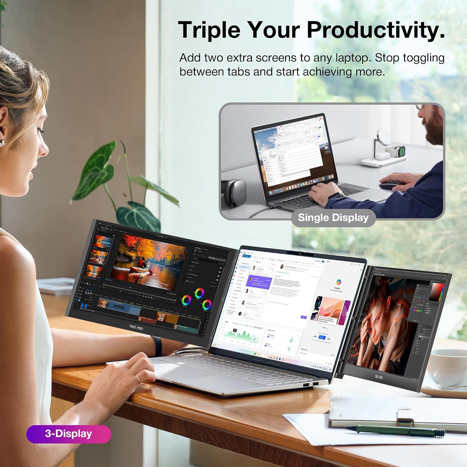 Trio 3 Pro 14.1' Mobile Pixels Portable Monitors (2026 Version), 1400p QHD Triple Monitor with Built-in Kickstand, Type-C/USB A Laptop Screen Extender(Optional Magnets), Windows/Android/macOS/Switch