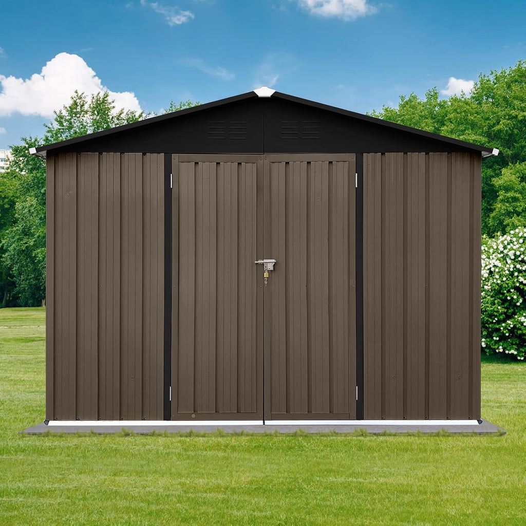 6x8 FT Outdoor Storage Shed,with Hinged Door and Padlock,Pitched Roof Metal Garden Tool Sheds,w/Punched Vents,for Storing Bicycles, Lawnmowers, Barbeques,Garden Tools,Brown + Black