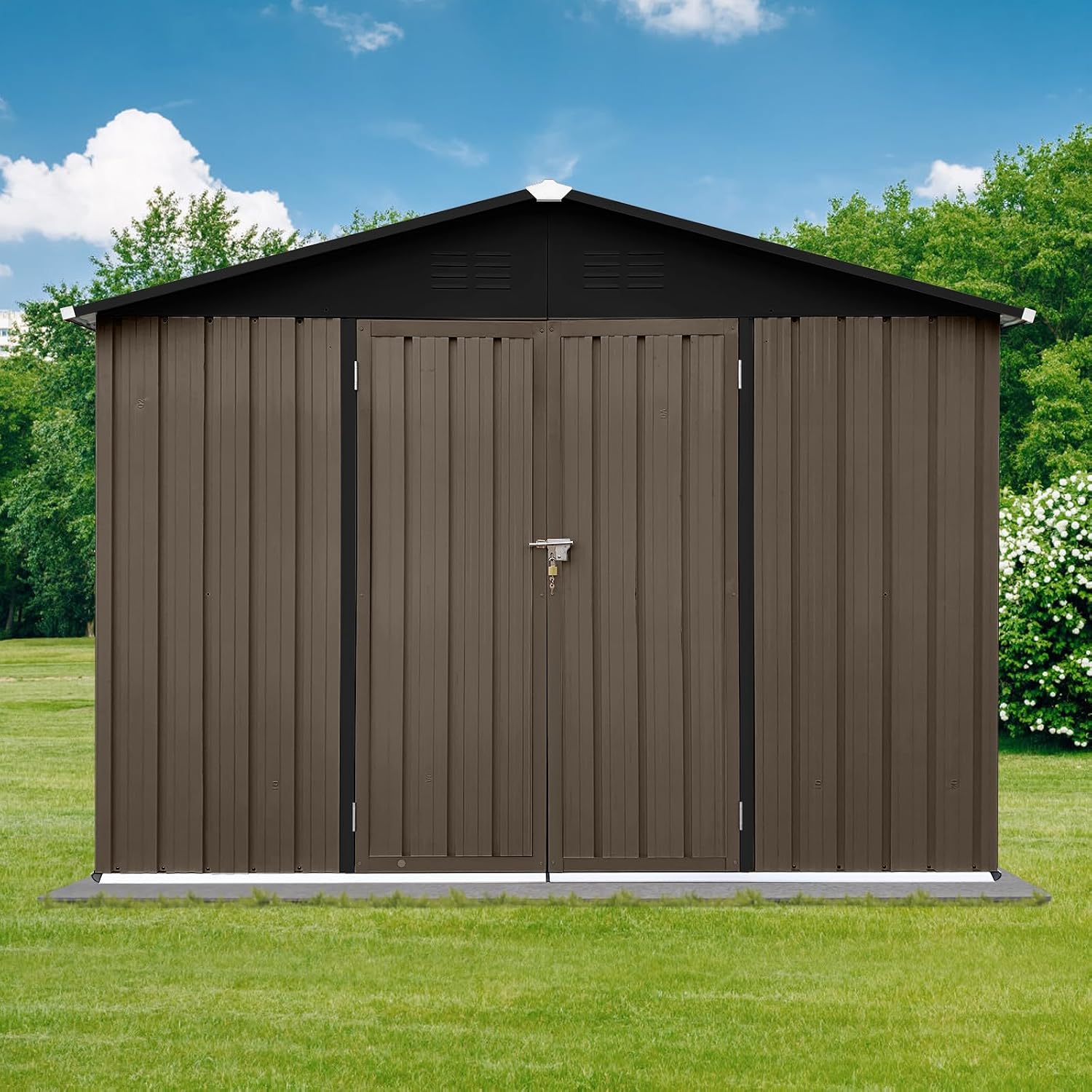 6x8 FT Outdoor Storage Shed,with Hinged Door and Padlock,Pitched Roof Metal Garden Tool Sheds,w/Punched Vents,for Storing Bicycles, Lawnmowers, Barbeques,Garden Tools,Brown + Black